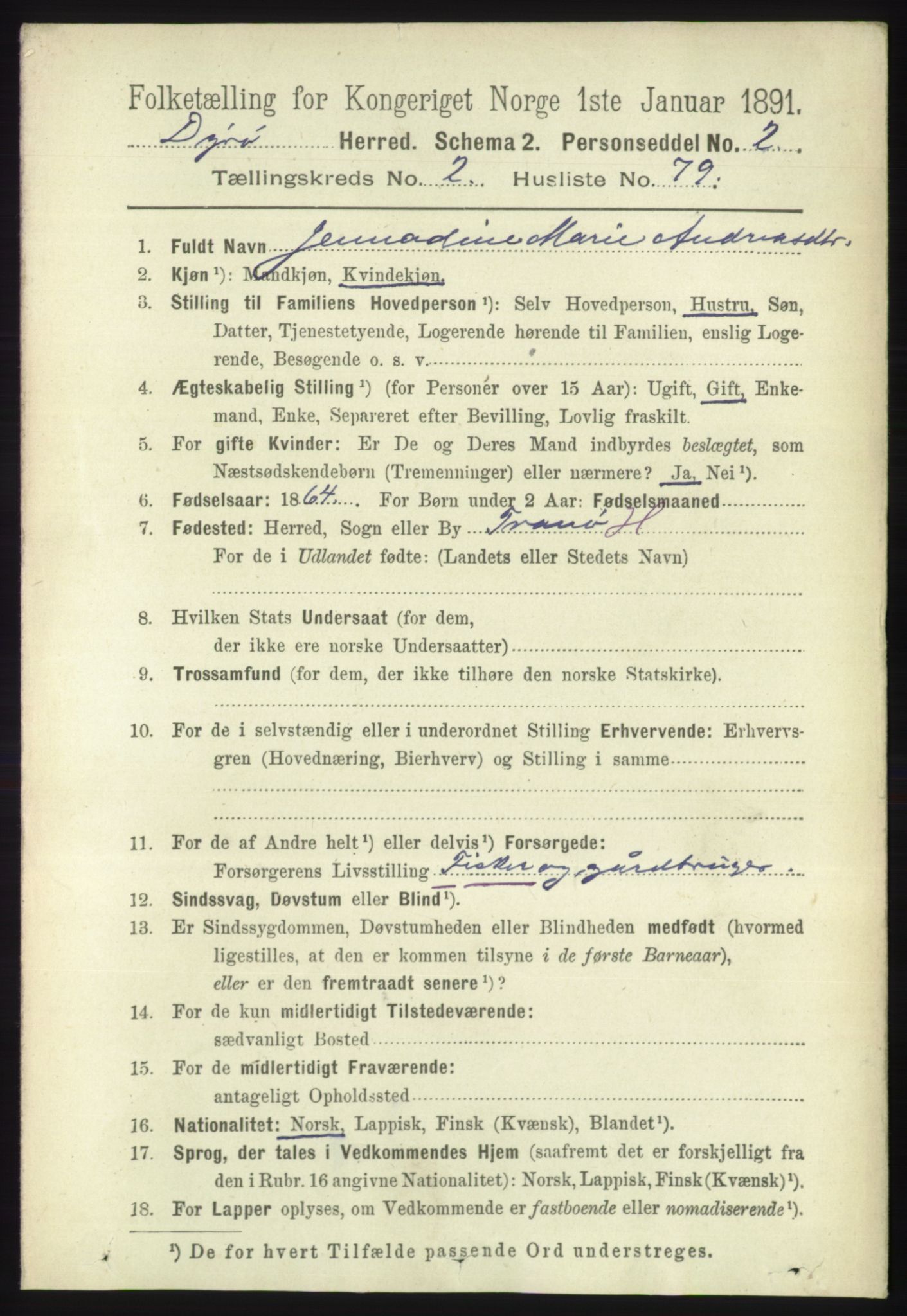 RA, 1891 census for 1926 Dyrøy, 1891, p. 1097