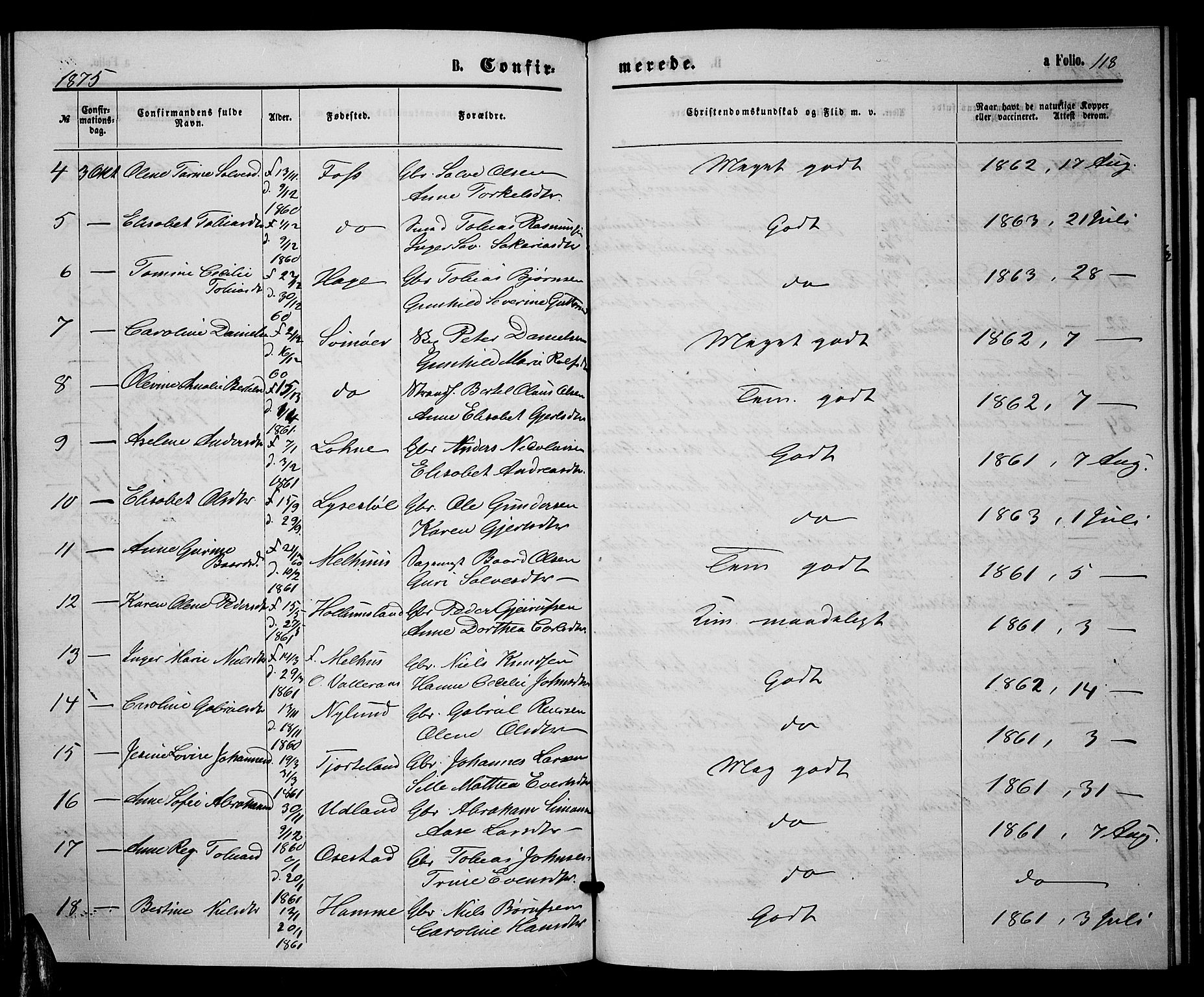 Sør-Audnedal sokneprestkontor, AV/SAK-1111-0039/F/Fb/Fbb/L0004: Parish register (copy) no. B 4, 1868-1879, p. 118