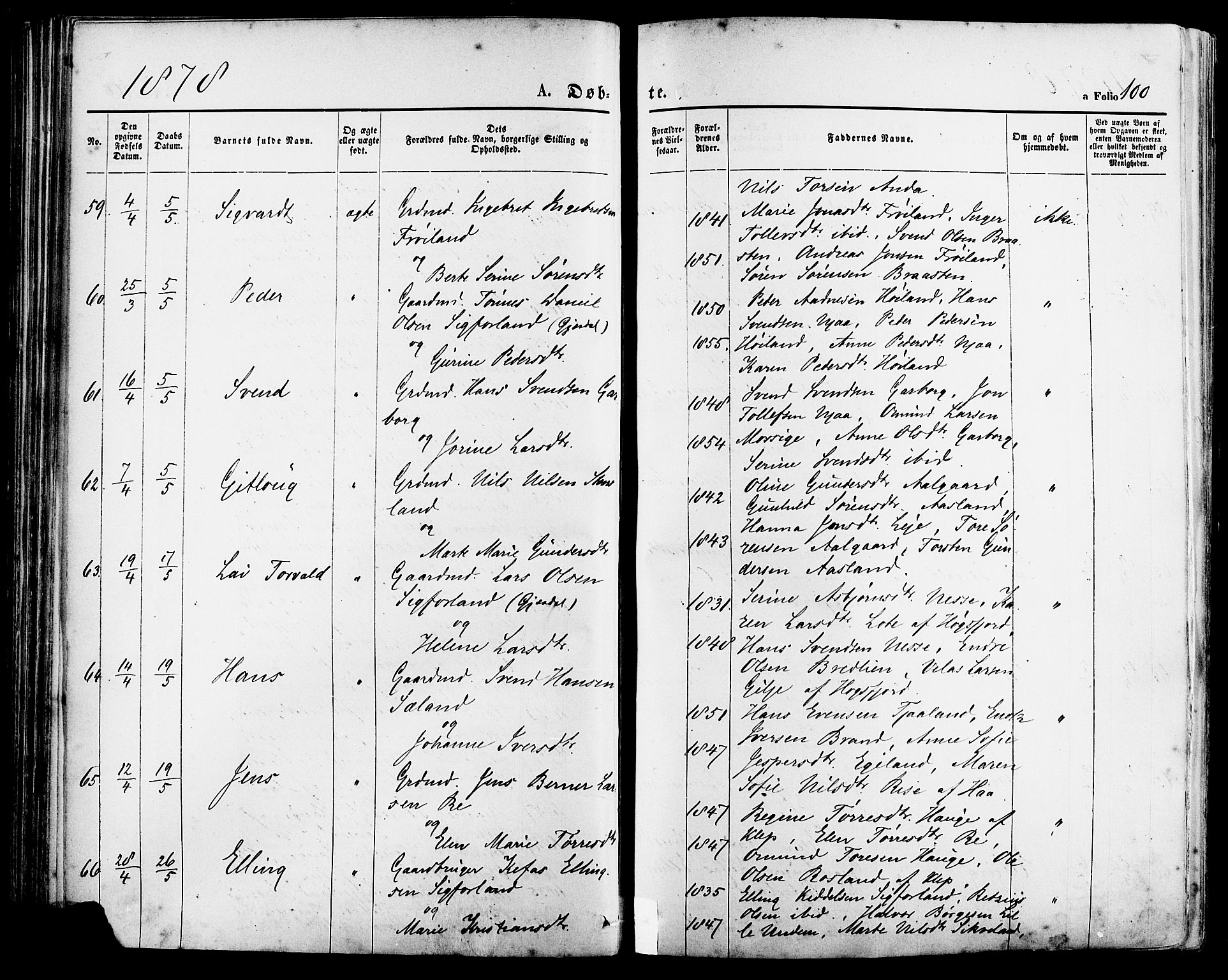 Lye sokneprestkontor, SAST/A-101794/001/30BA/L0008: Parish register (official) no. A 7, 1872-1881, p. 100