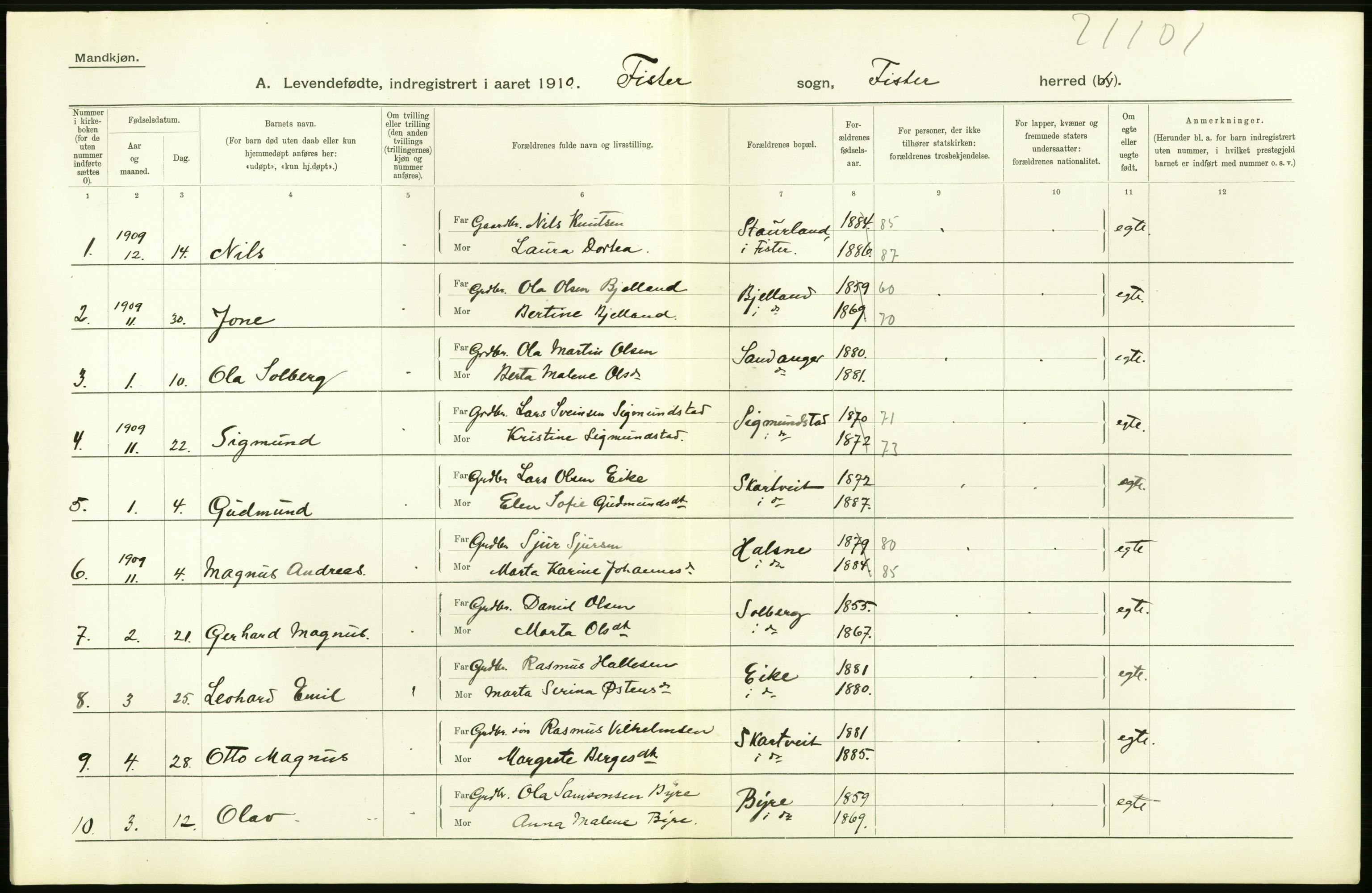 Statistisk sentralbyrå, Sosiodemografiske emner, Befolkning, AV/RA-S-2228/D/Df/Dfa/Dfah/L0022: Stavanger amt: Levendefødte menn og kvinner. Bygder., 1910, p. 26