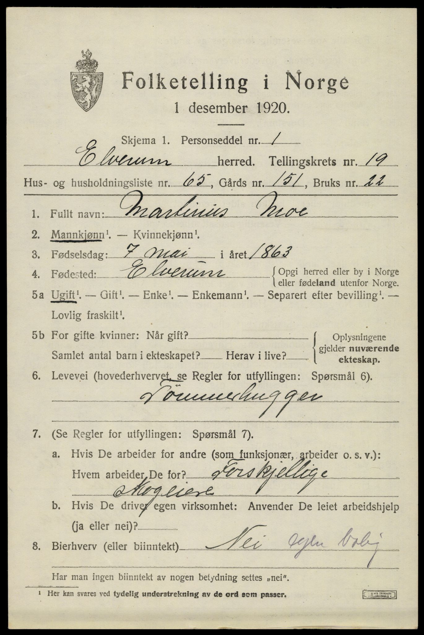 SAH, 1920 census for Elverum, 1920, p. 23274