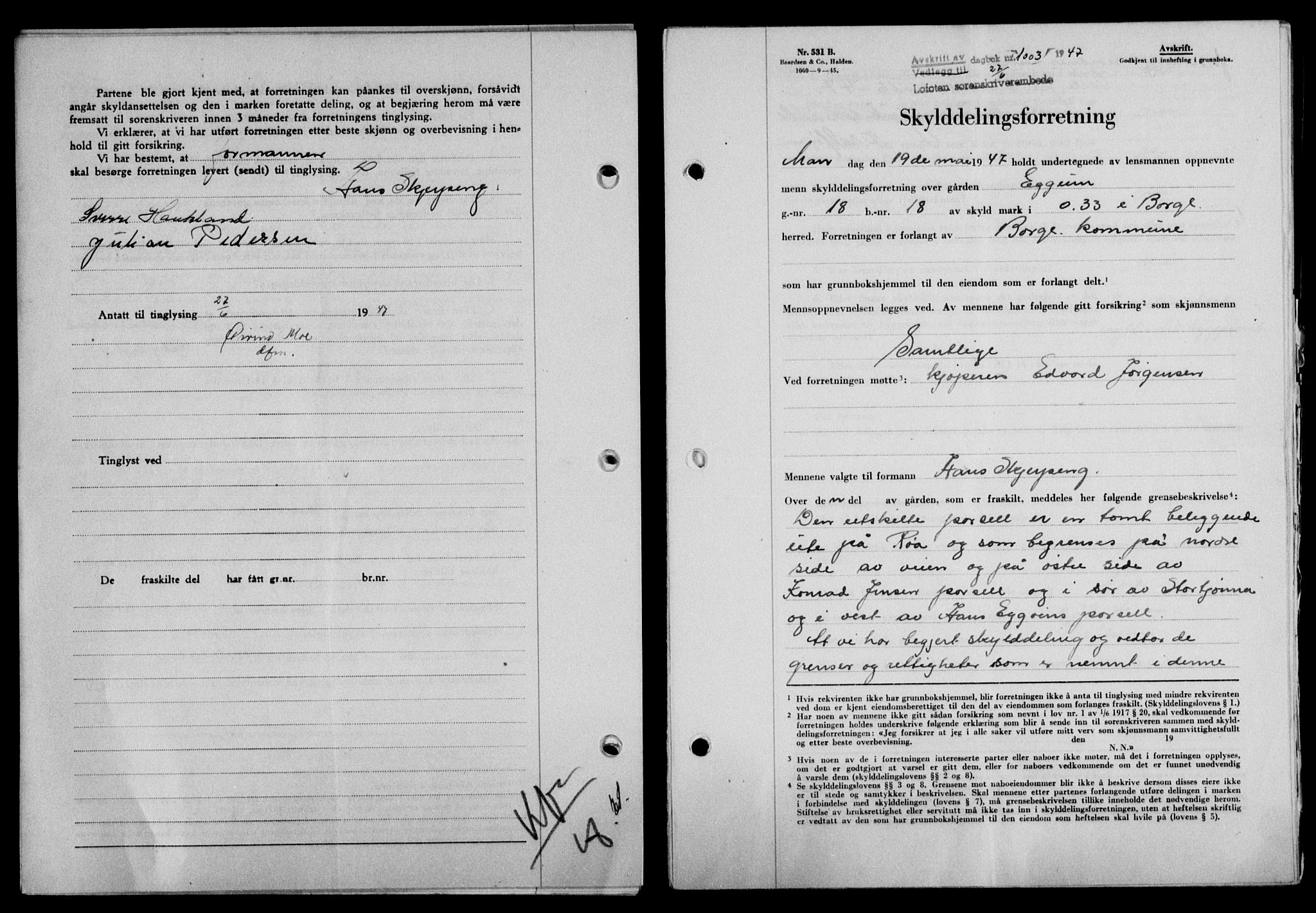 Lofoten sorenskriveri, SAT/A-0017/1/2/2C/L0016a: Mortgage book no. 16a, 1947-1947, Diary no: : 1003/1947