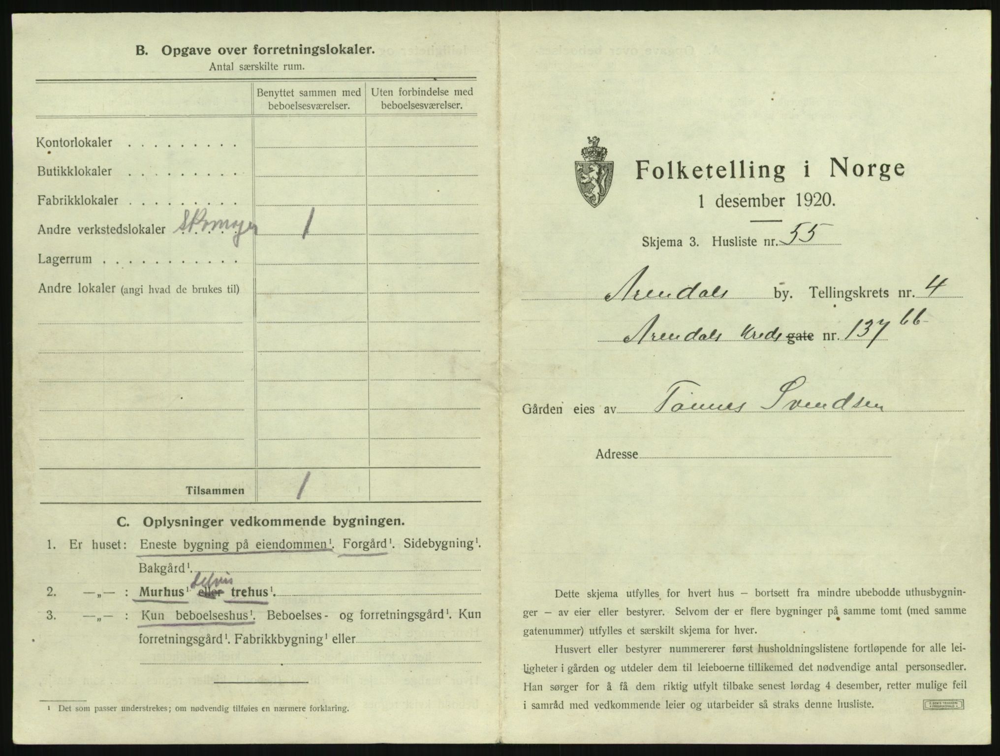 SAK, 1920 census for Arendal, 1920, p. 566