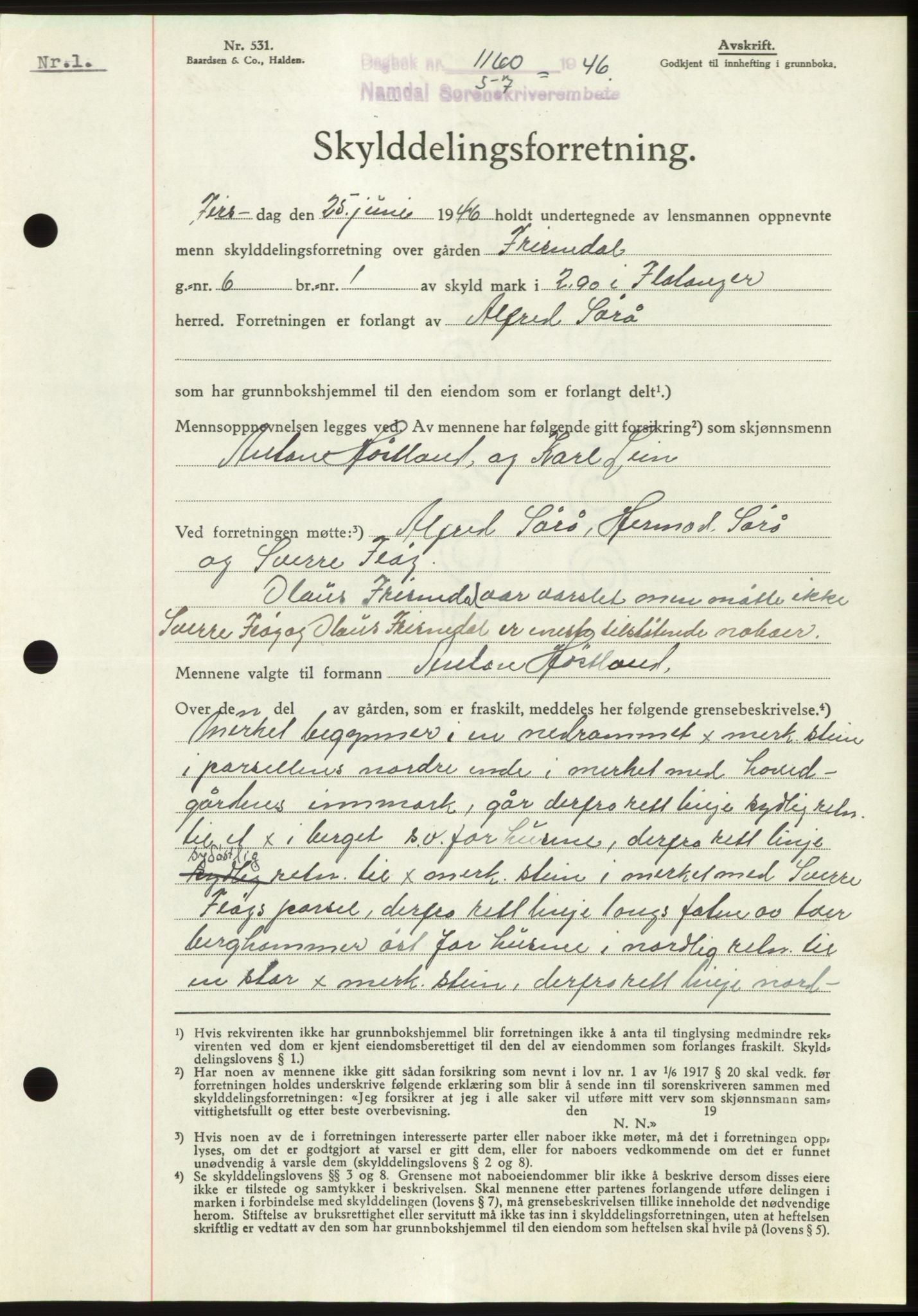Namdal sorenskriveri, AV/SAT-A-4133/1/2/2C: Mortgage book no. -, 1946-1946, Diary no: : 1160/1946