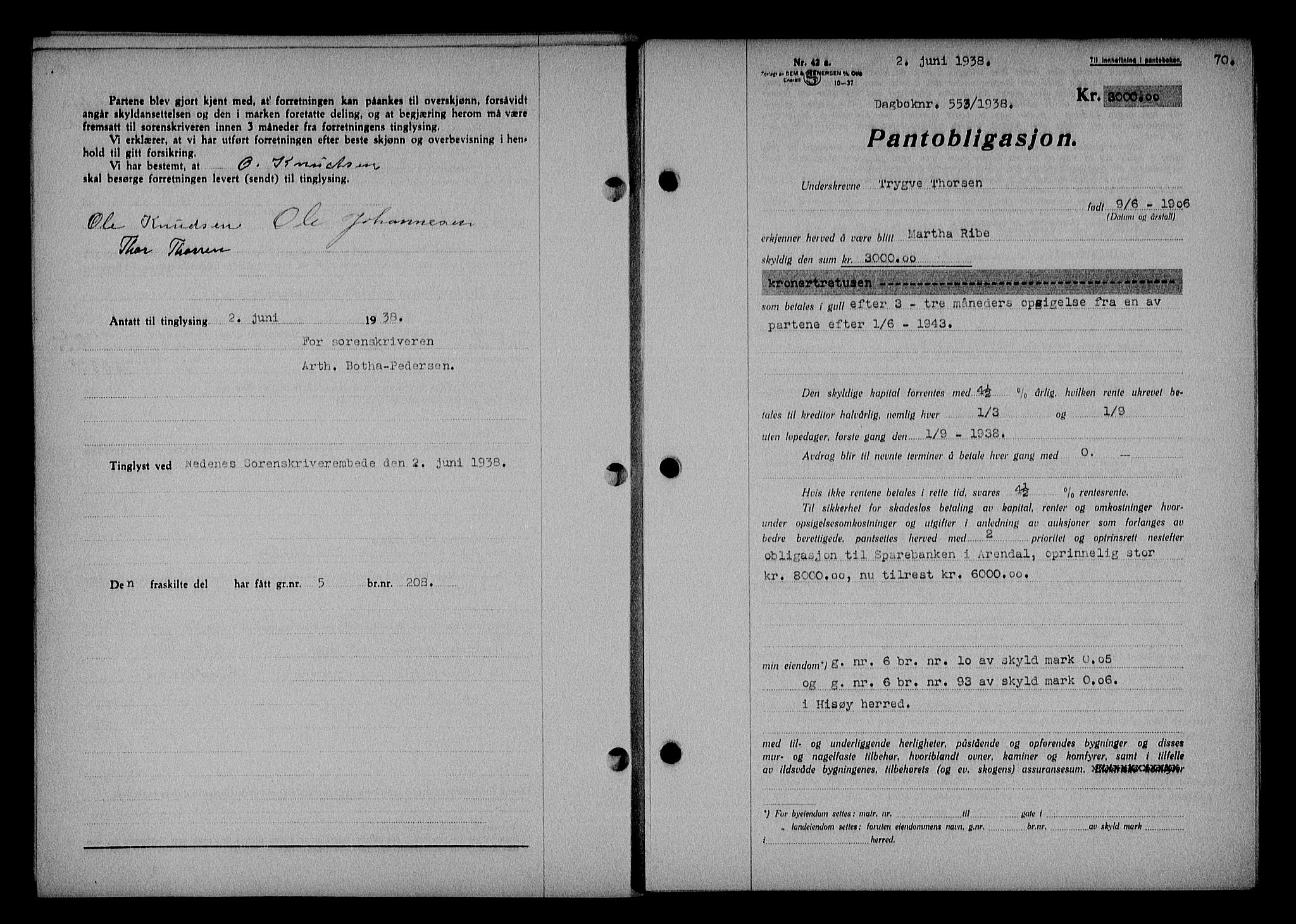 Nedenes sorenskriveri, SAK/1221-0006/G/Gb/Gba/L0045: Mortgage book no. 41, 1938-1938, Diary no: : 553/1938