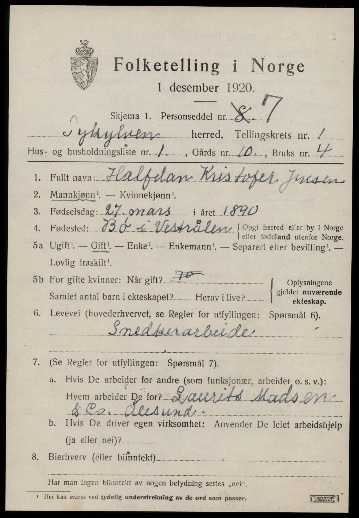 SAT, 1920 census for Sykkylven, 1920, p. 927