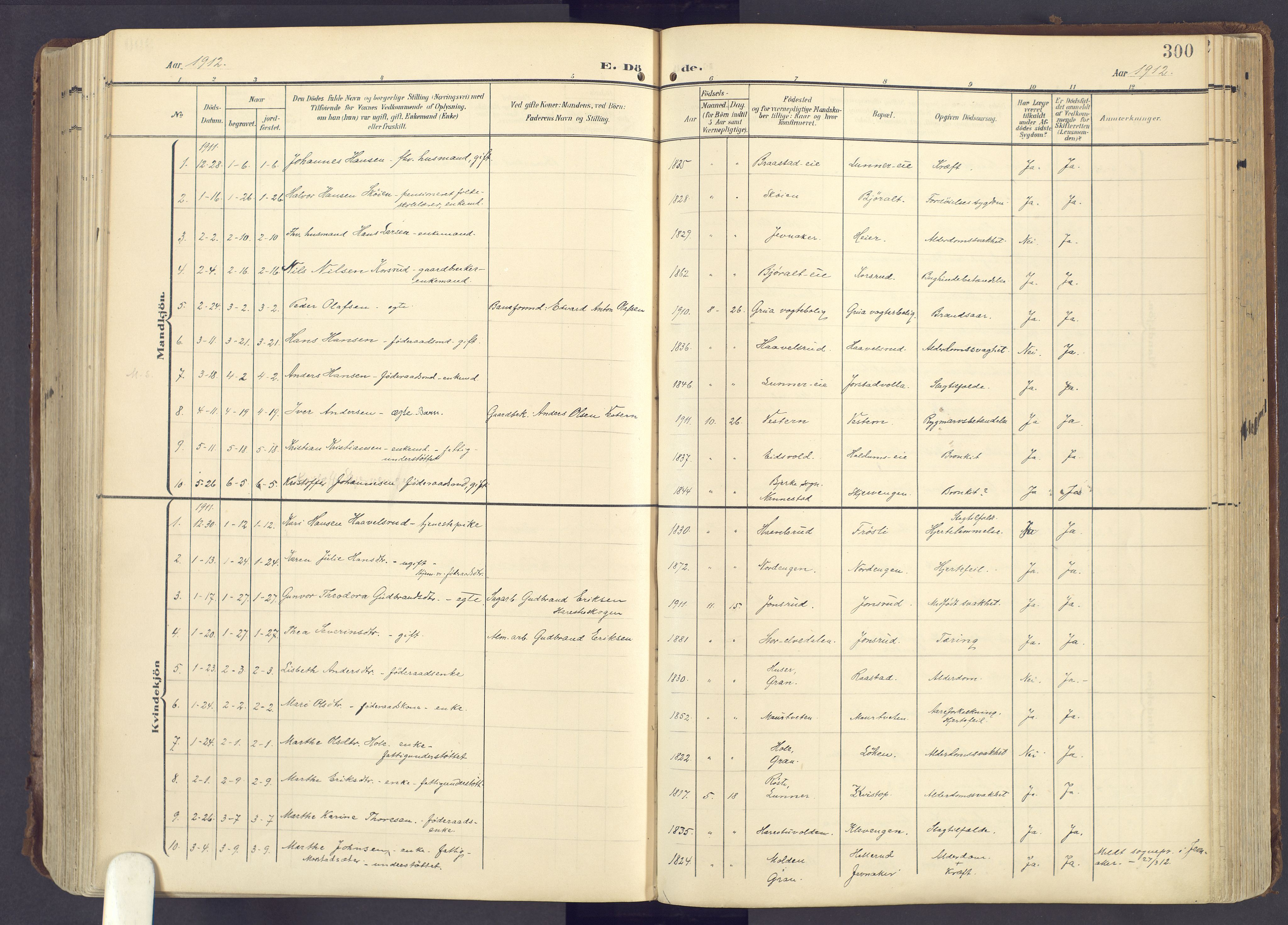 Lunner prestekontor, AV/SAH-PREST-118/H/Ha/Haa/L0001: Parish register (official) no. 1, 1907-1922, p. 300