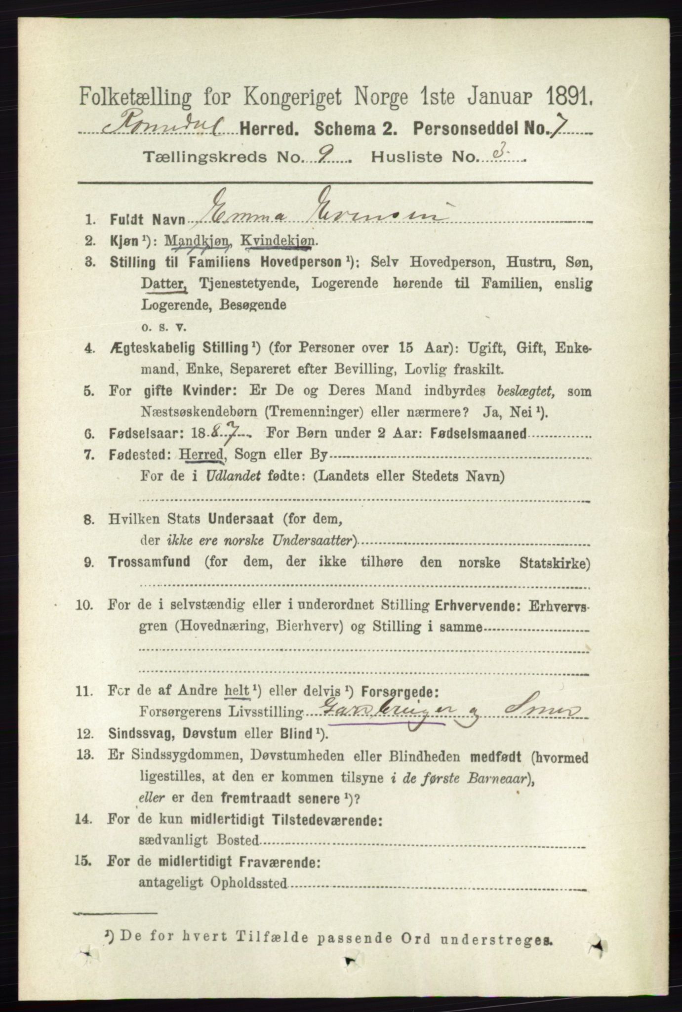 RA, 1891 census for 0416 Romedal, 1891, p. 4331