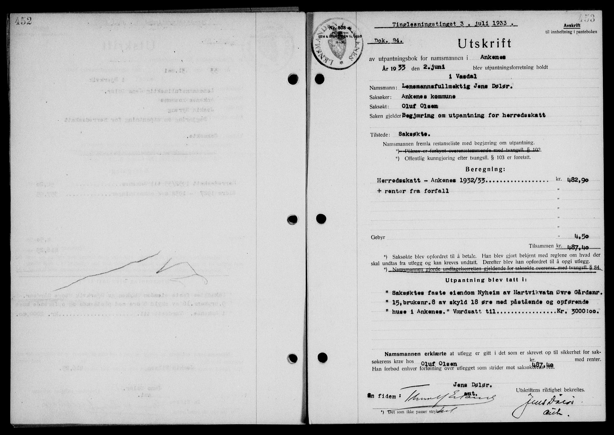 Steigen og Ofoten sorenskriveri, AV/SAT-A-0030/1/2/2C/L0023/0002: Mortgage book no. 26-II og 27, 1933-1934, Deed date: 03.07.1933