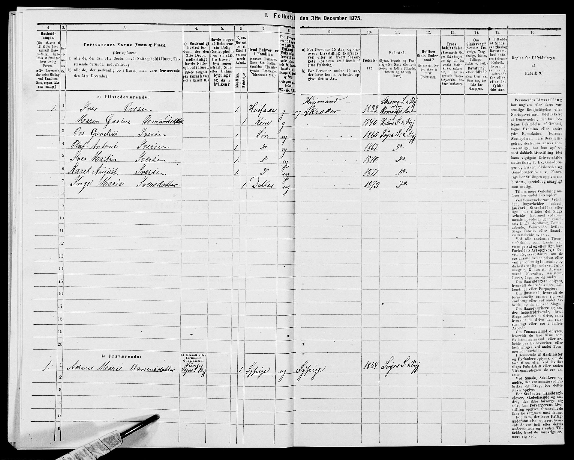 SAK, 1875 census for 1018P Søgne, 1875, p. 471