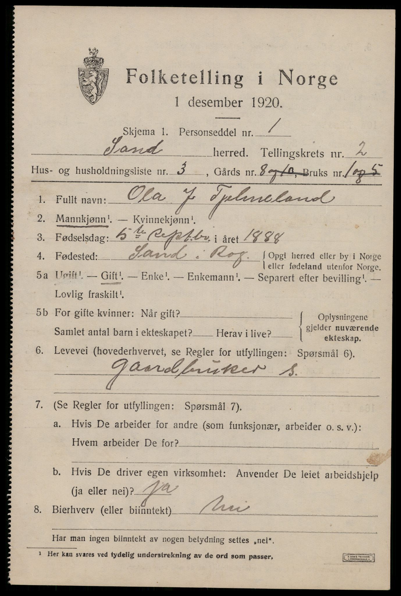 SAST, 1920 census for Sand, 1920, p. 803