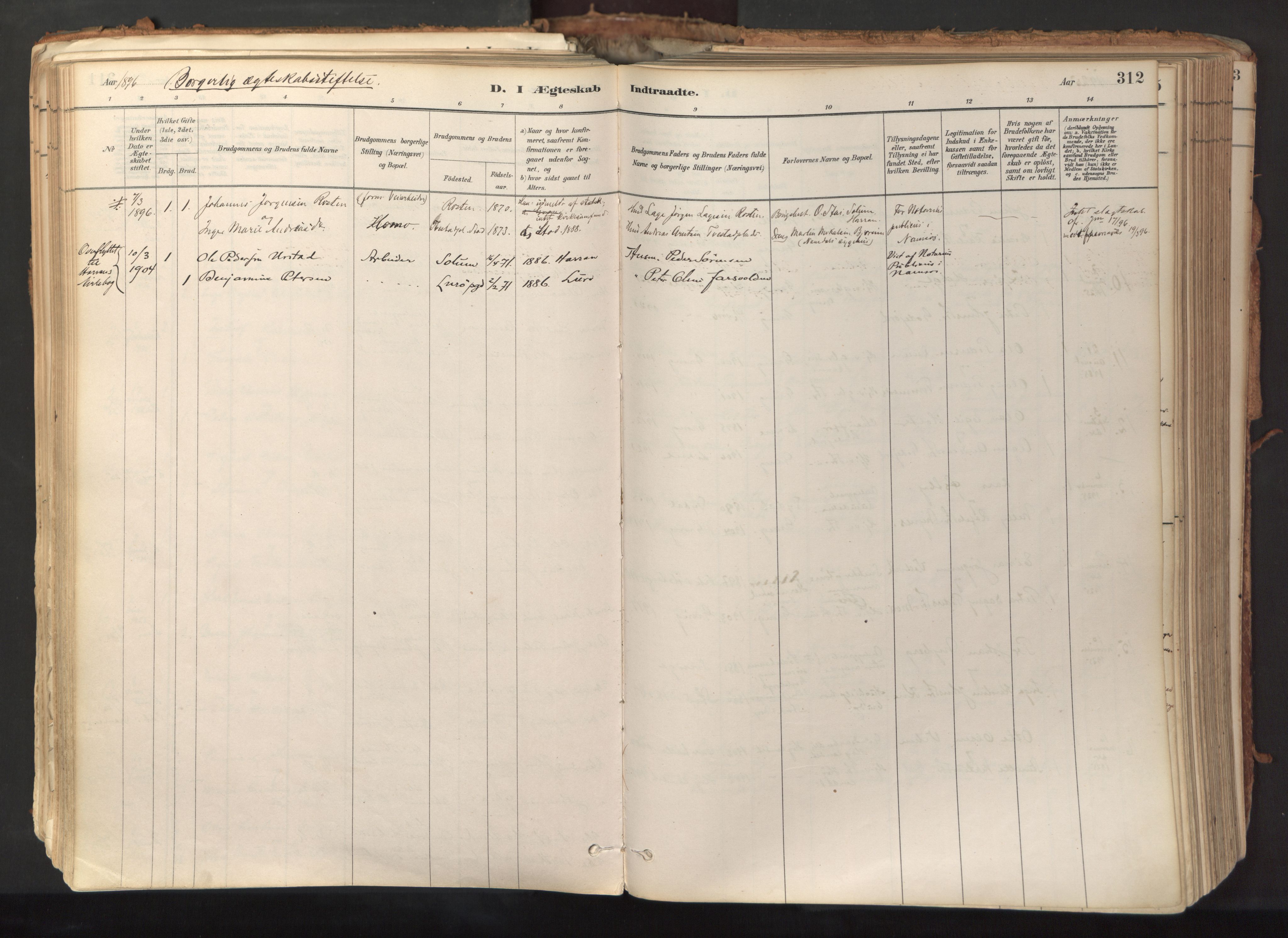 Ministerialprotokoller, klokkerbøker og fødselsregistre - Nord-Trøndelag, AV/SAT-A-1458/758/L0519: Parish register (official) no. 758A04, 1880-1926, p. 312