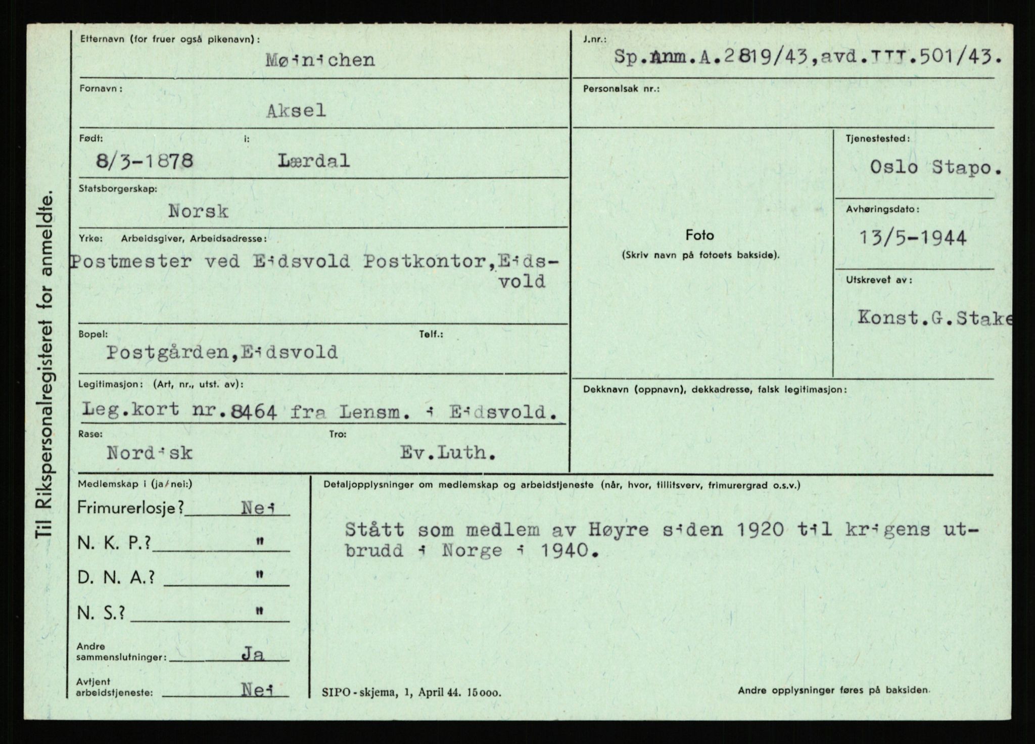 Statspolitiet - Hovedkontoret / Osloavdelingen, AV/RA-S-1329/C/Ca/L0011: Molberg - Nøstvold, 1943-1945, p. 905