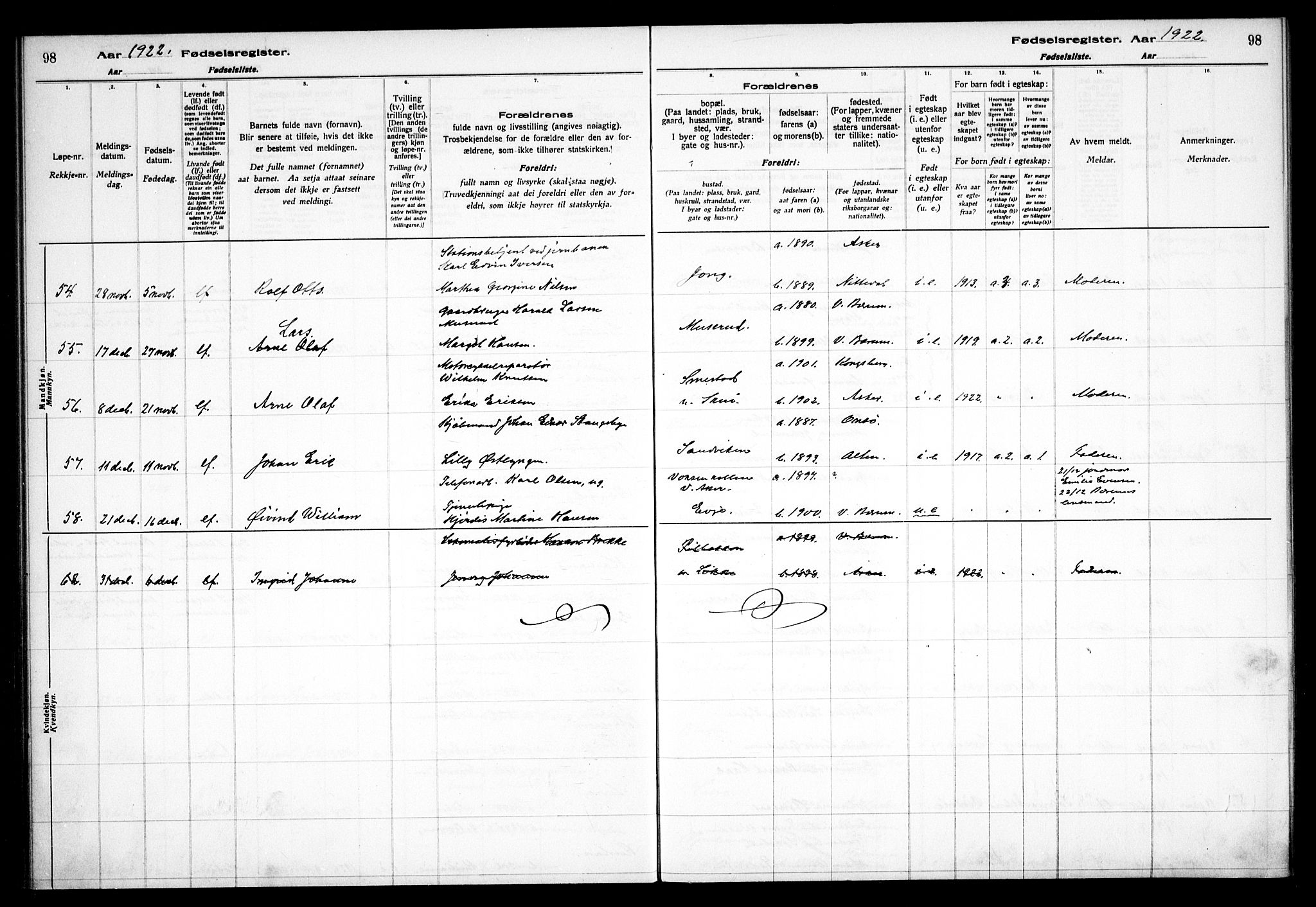 Vestre Bærum prestekontor Kirkebøker, SAO/A-10209a/J/L0001: Birth register no. 1, 1916-1926, p. 98