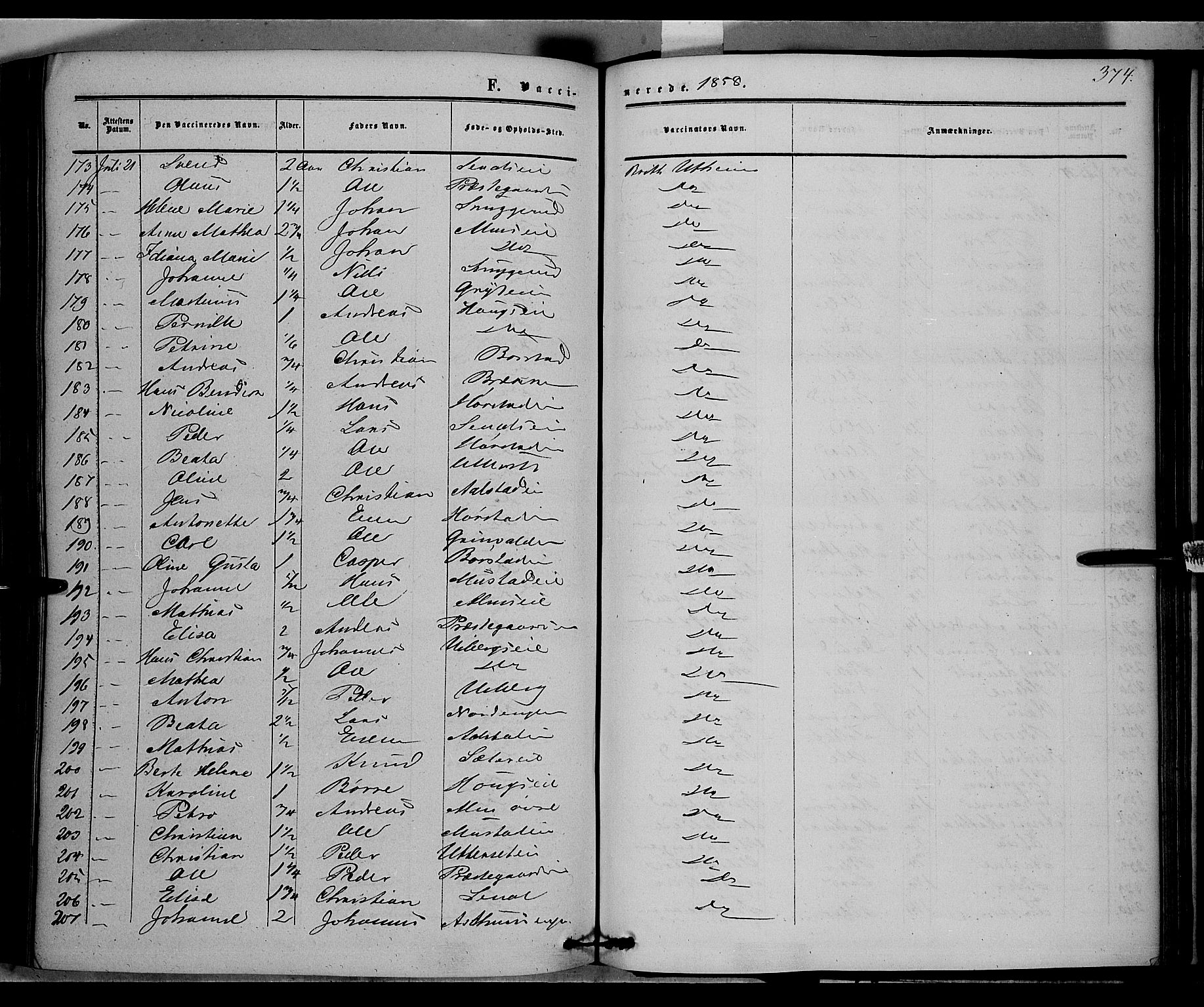 Vardal prestekontor, AV/SAH-PREST-100/H/Ha/Haa/L0006: Parish register (official) no. 6, 1854-1866, p. 374