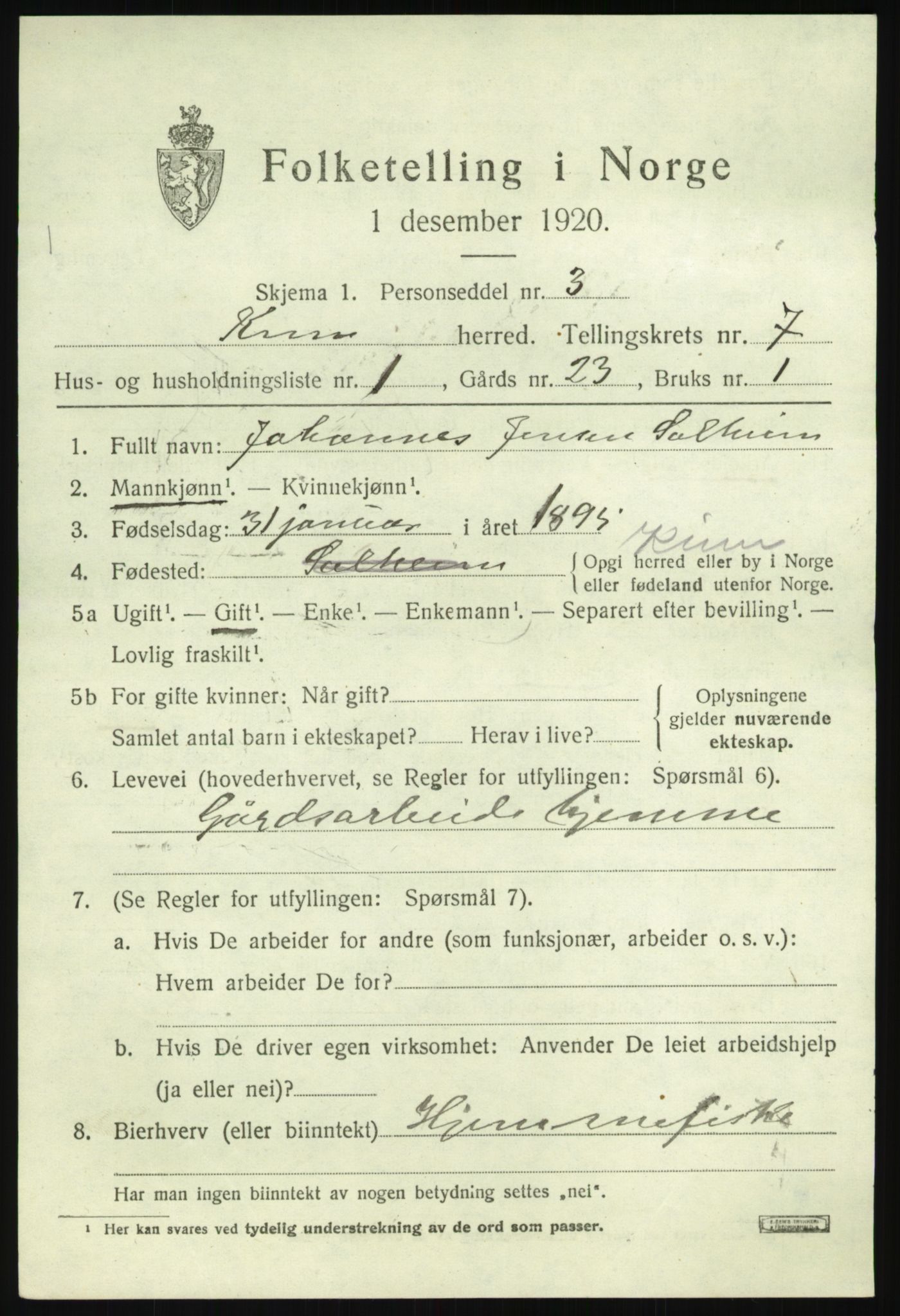 SAB, 1920 census for Kinn, 1920, p. 2835