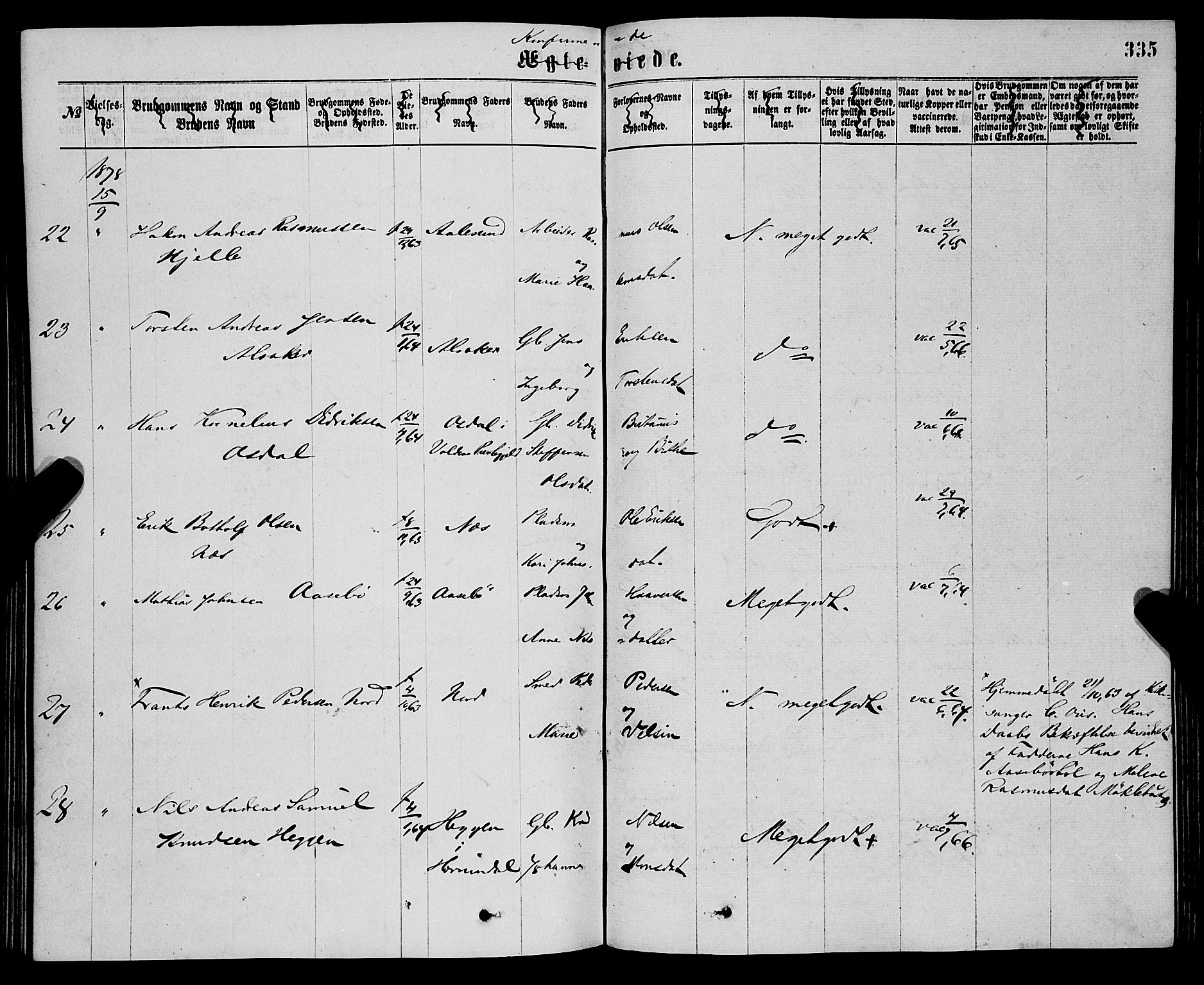 Eid sokneprestembete, AV/SAB-A-82301/H/Haa/Haaa/L0010: Parish register (official) no. A 10, 1867-1878, p. 335