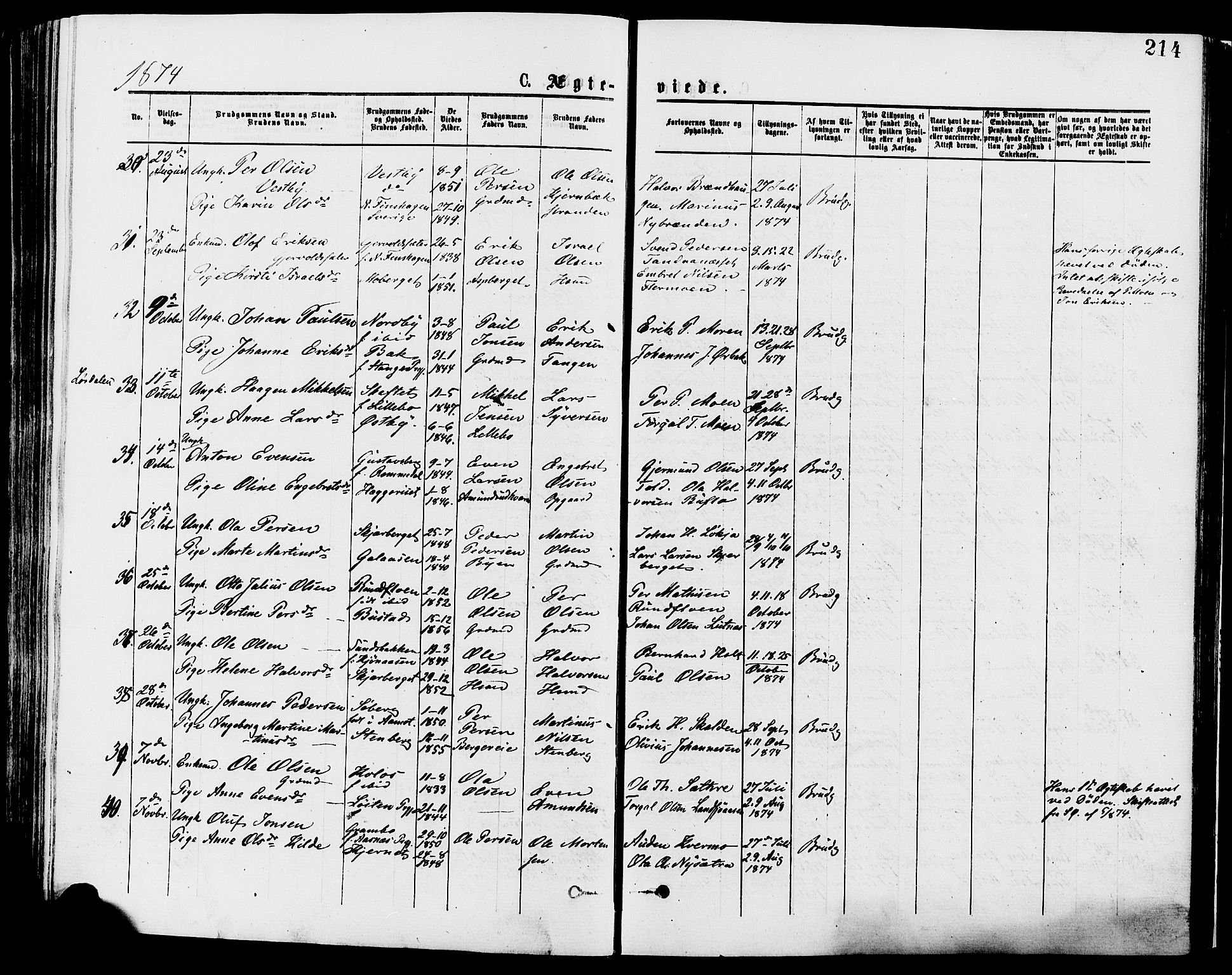 Trysil prestekontor, AV/SAH-PREST-046/H/Ha/Haa/L0007: Parish register (official) no. 7, 1874-1880, p. 214