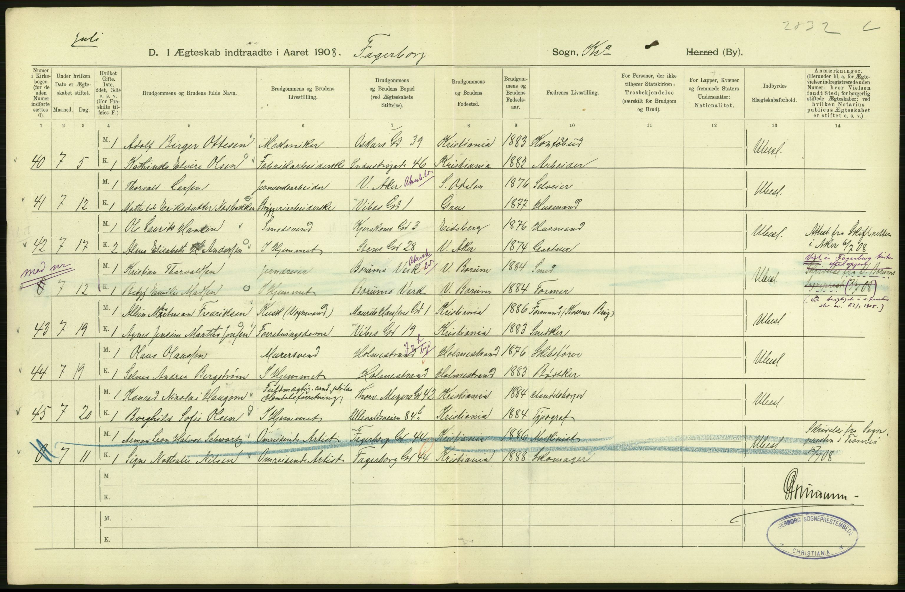 Statistisk sentralbyrå, Sosiodemografiske emner, Befolkning, AV/RA-S-2228/D/Df/Dfa/Dfaf/L0007: Kristiania: Gifte, 1908, p. 386