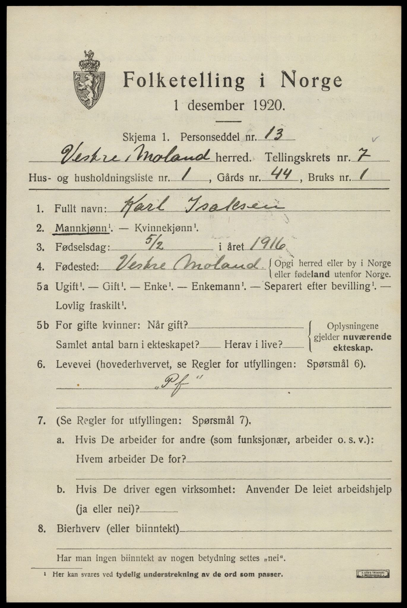 SAK, 1920 census for Vestre Moland, 1920, p. 4793