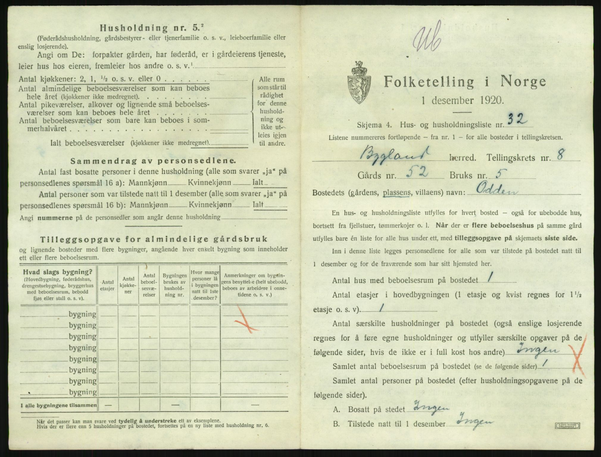 SAK, 1920 census for Bygland, 1920, p. 465