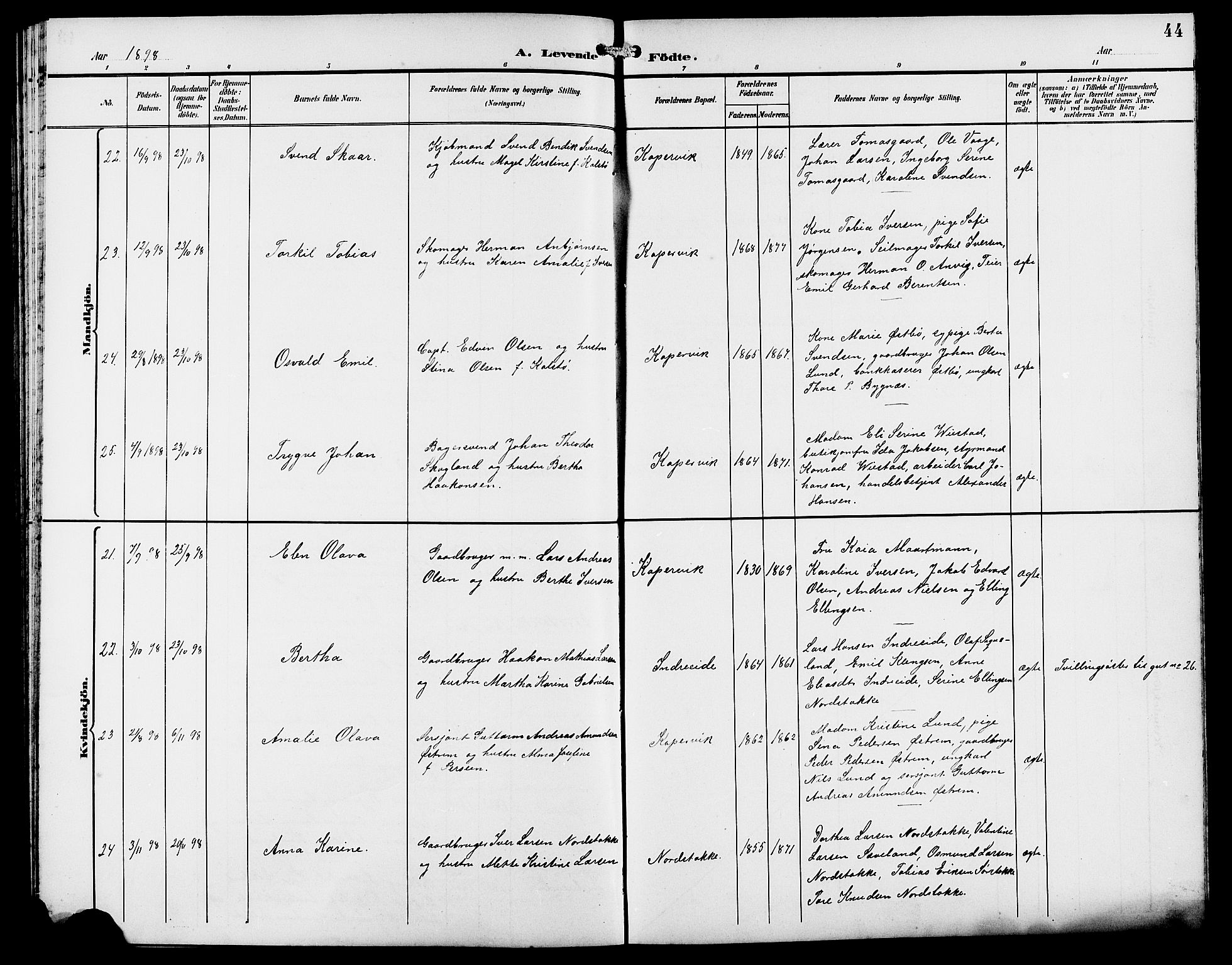 Kopervik sokneprestkontor, AV/SAST-A-101850/H/Ha/Hab/L0003: Parish register (copy) no. B 3, 1891-1909, p. 44