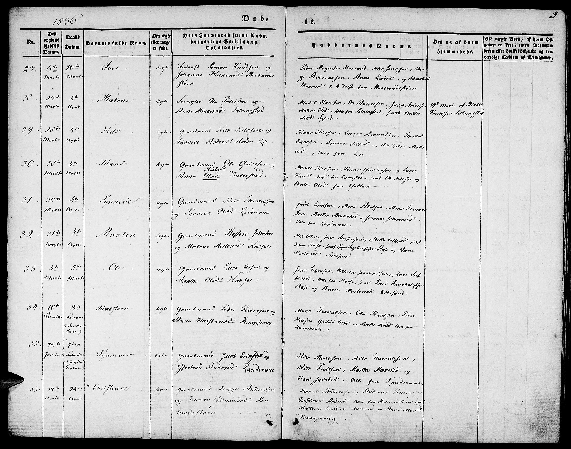 Fjell sokneprestembete, AV/SAB-A-75301/H/Haa: Parish register (official) no. A 1, 1835-1850, p. 3