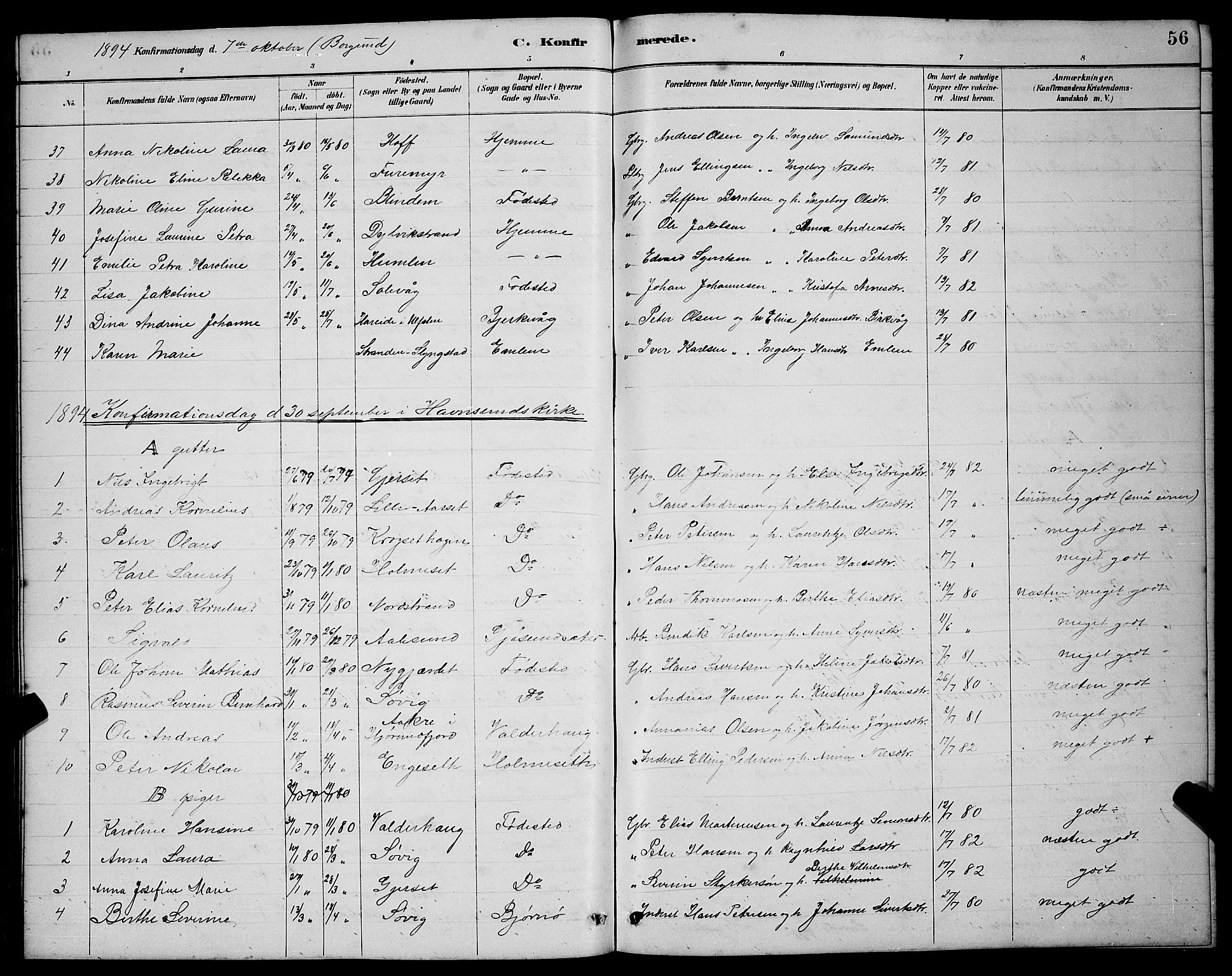 Ministerialprotokoller, klokkerbøker og fødselsregistre - Møre og Romsdal, AV/SAT-A-1454/528/L0430: Parish register (copy) no. 528C11, 1884-1899, p. 56