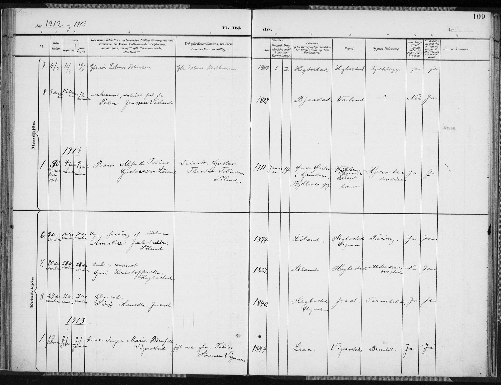 Nord-Audnedal sokneprestkontor, AV/SAK-1111-0032/F/Fa/Fab/L0004: Parish register (official) no. A 4, 1901-1917, p. 109