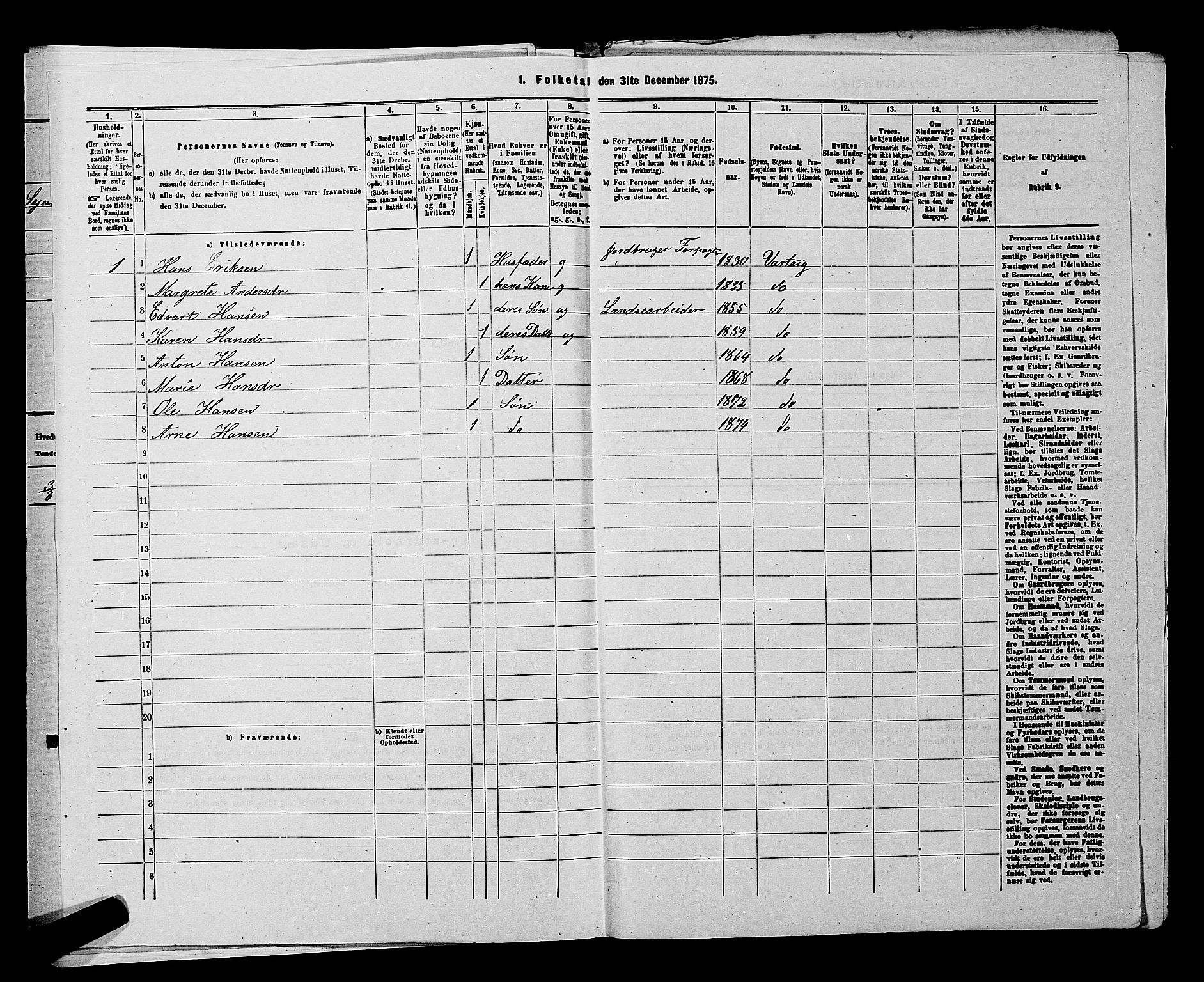 RA, 1875 census for 0114P Varteig, 1875, p. 405