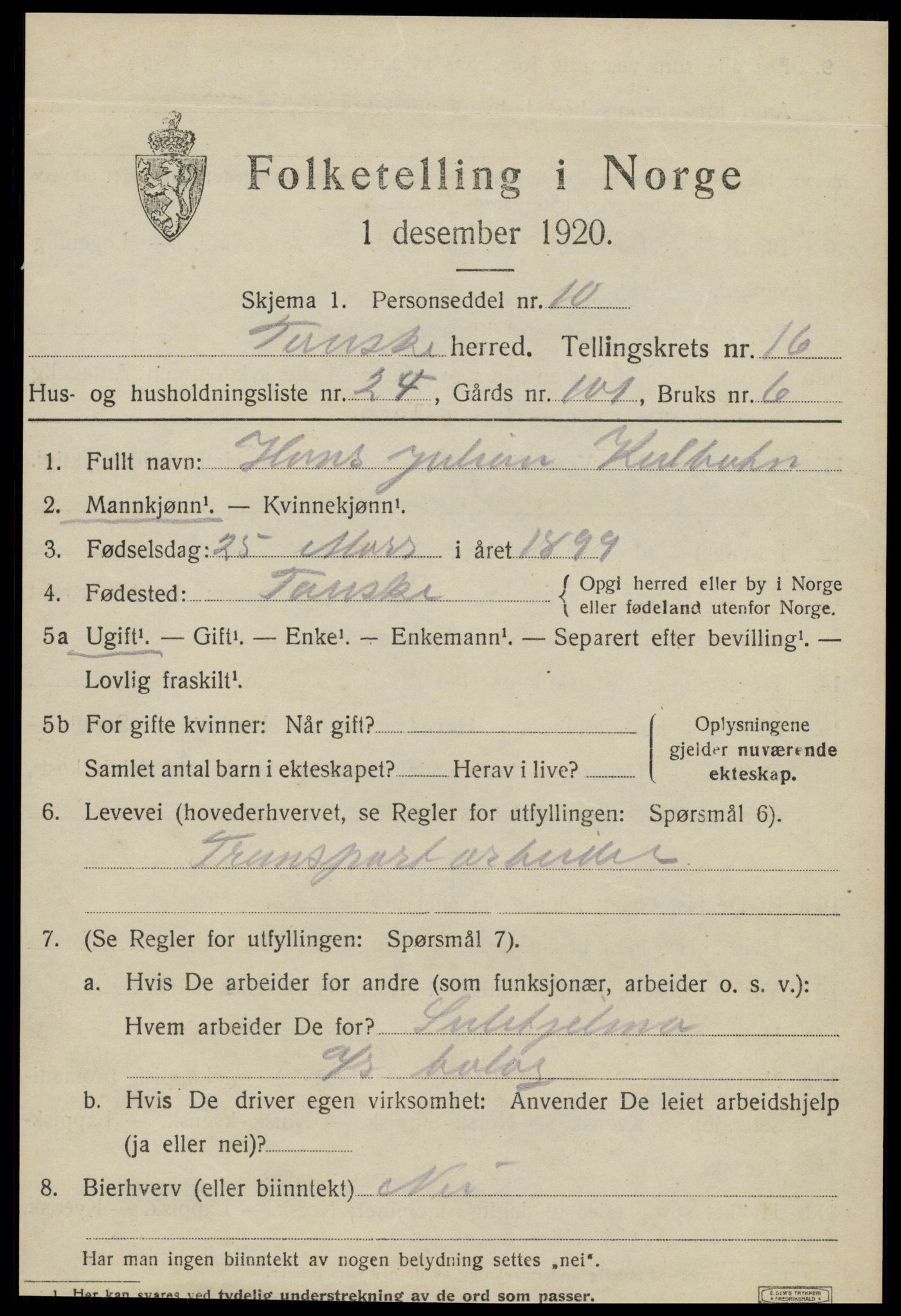 SAT, 1920 census for Fauske, 1920, p. 10112