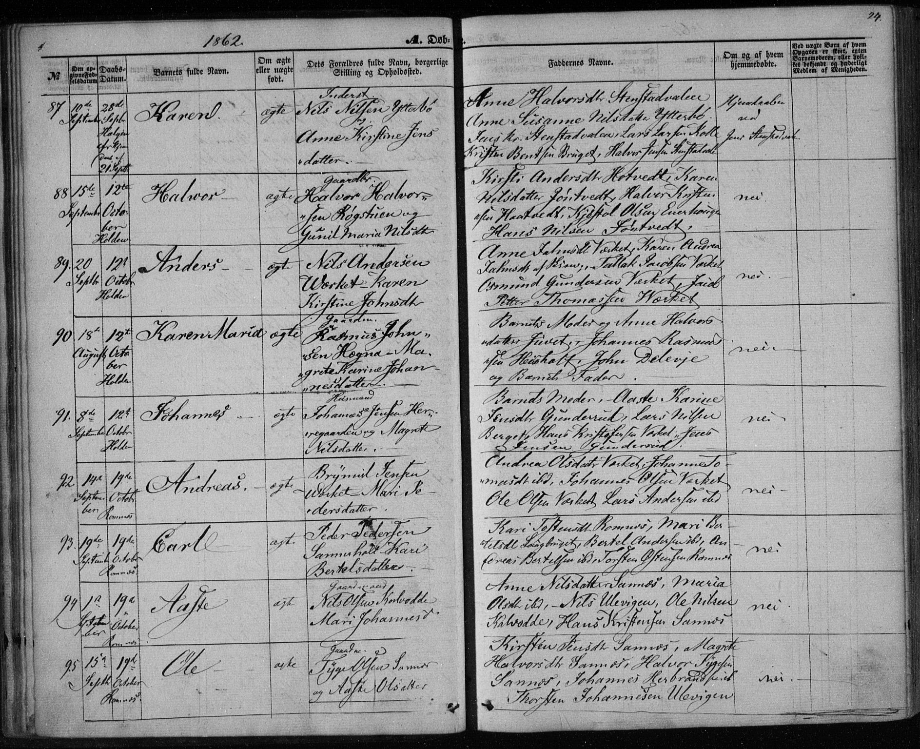 Holla kirkebøker, AV/SAKO-A-272/F/Fa/L0006: Parish register (official) no. 6, 1861-1869, p. 24