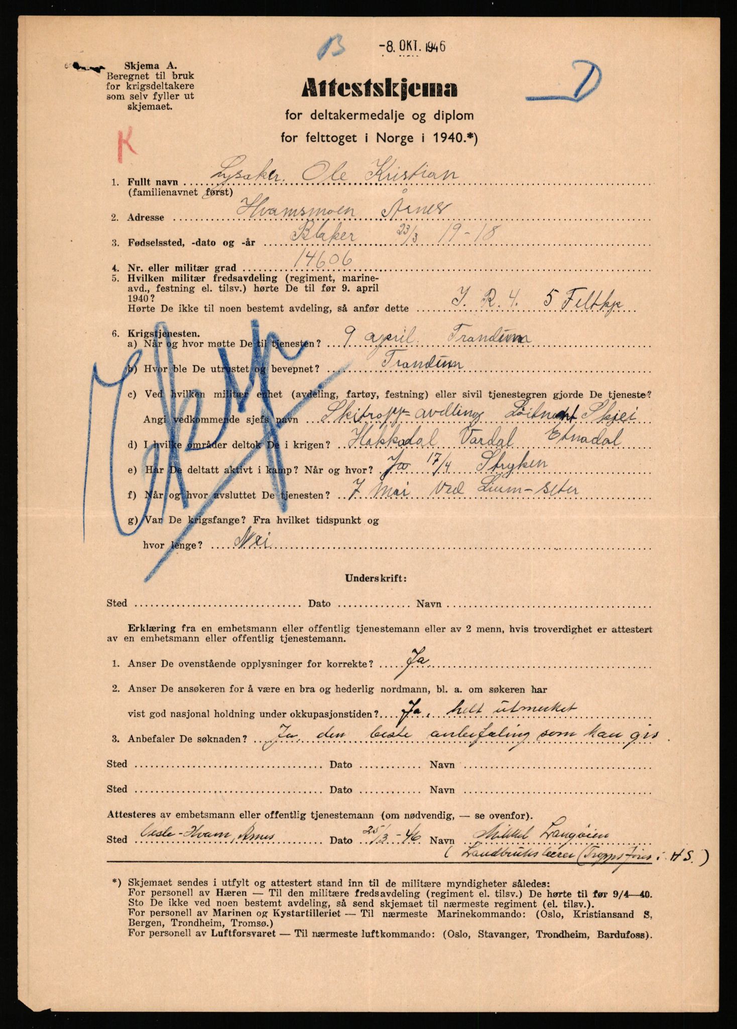 Forsvaret, Jegerkorpset - Akershus infantriregiment nr. 4, AV/RA-RAFA-2947/D/Dd/L0055: DELTAKERMEDALJEN 2. VERDENSKRIG BOKS 3 H-M, 1945-1950, p. 977