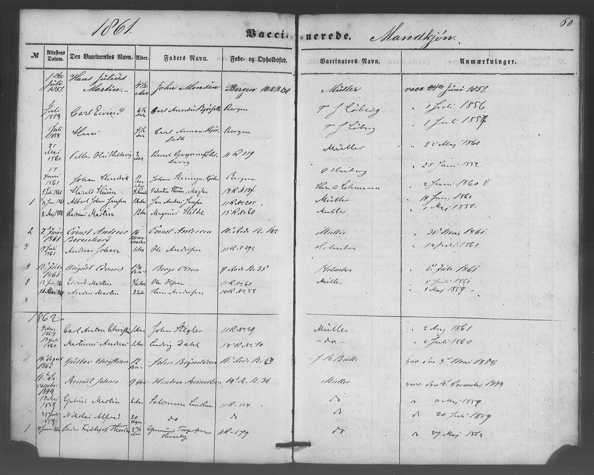 Domkirken sokneprestembete, SAB/A-74801/H/Haa/L0047: Parish register (official) no. F 2, 1852-1868, p. 60