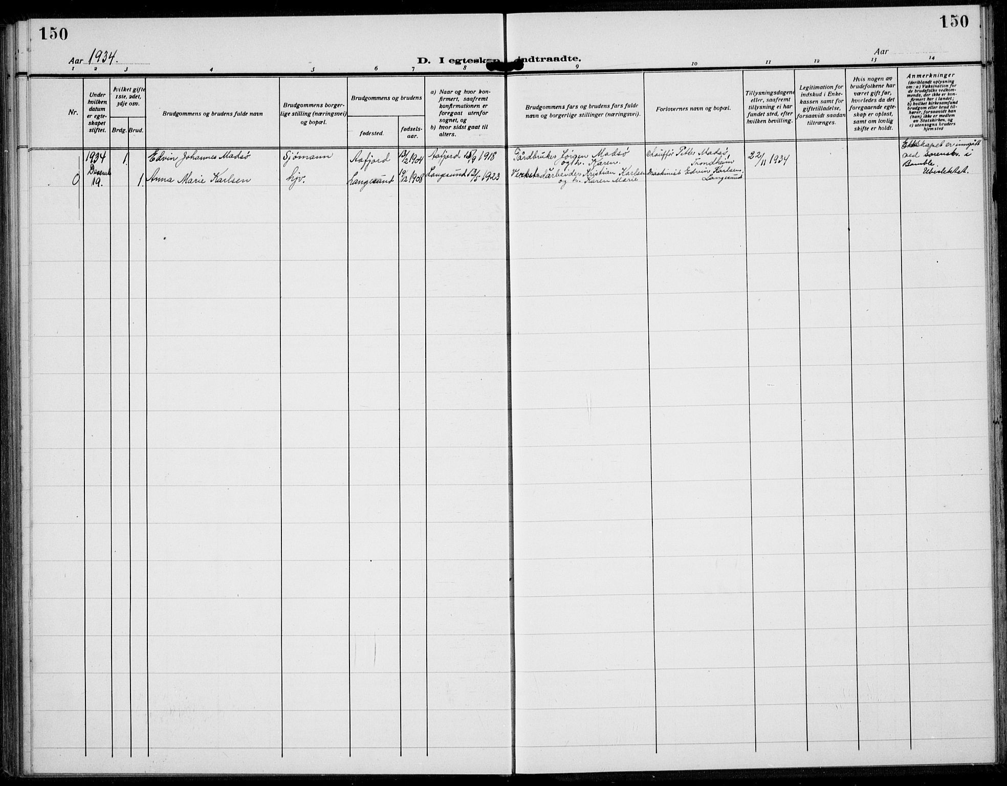 Langesund kirkebøker, SAKO/A-280/G/Ga/L0007: Parish register (copy) no. 7, 1919-1939, p. 150