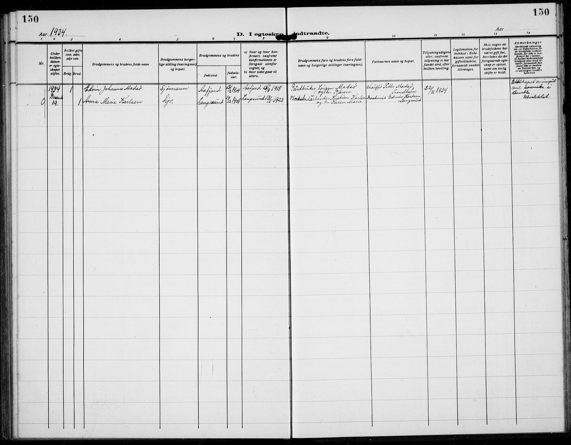 Langesund kirkebøker, AV/SAKO-A-280/G/Ga/L0007: Parish register (copy) no. 7, 1919-1939, p. 150