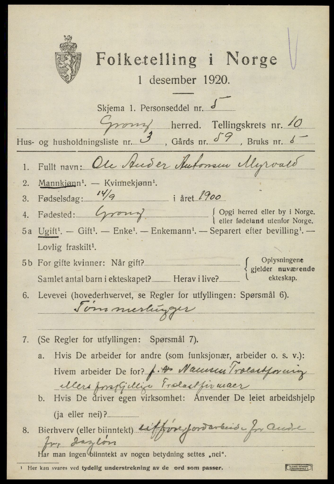 SAT, 1920 census for Grong, 1920, p. 5625