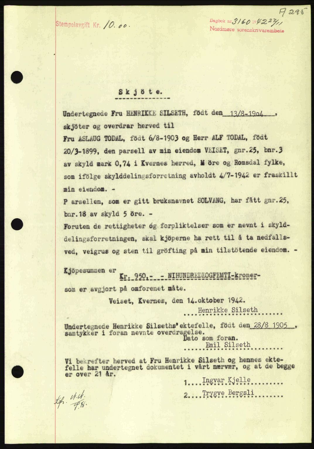 Nordmøre sorenskriveri, AV/SAT-A-4132/1/2/2Ca: Mortgage book no. A94, 1942-1943, Diary no: : 3160/1942