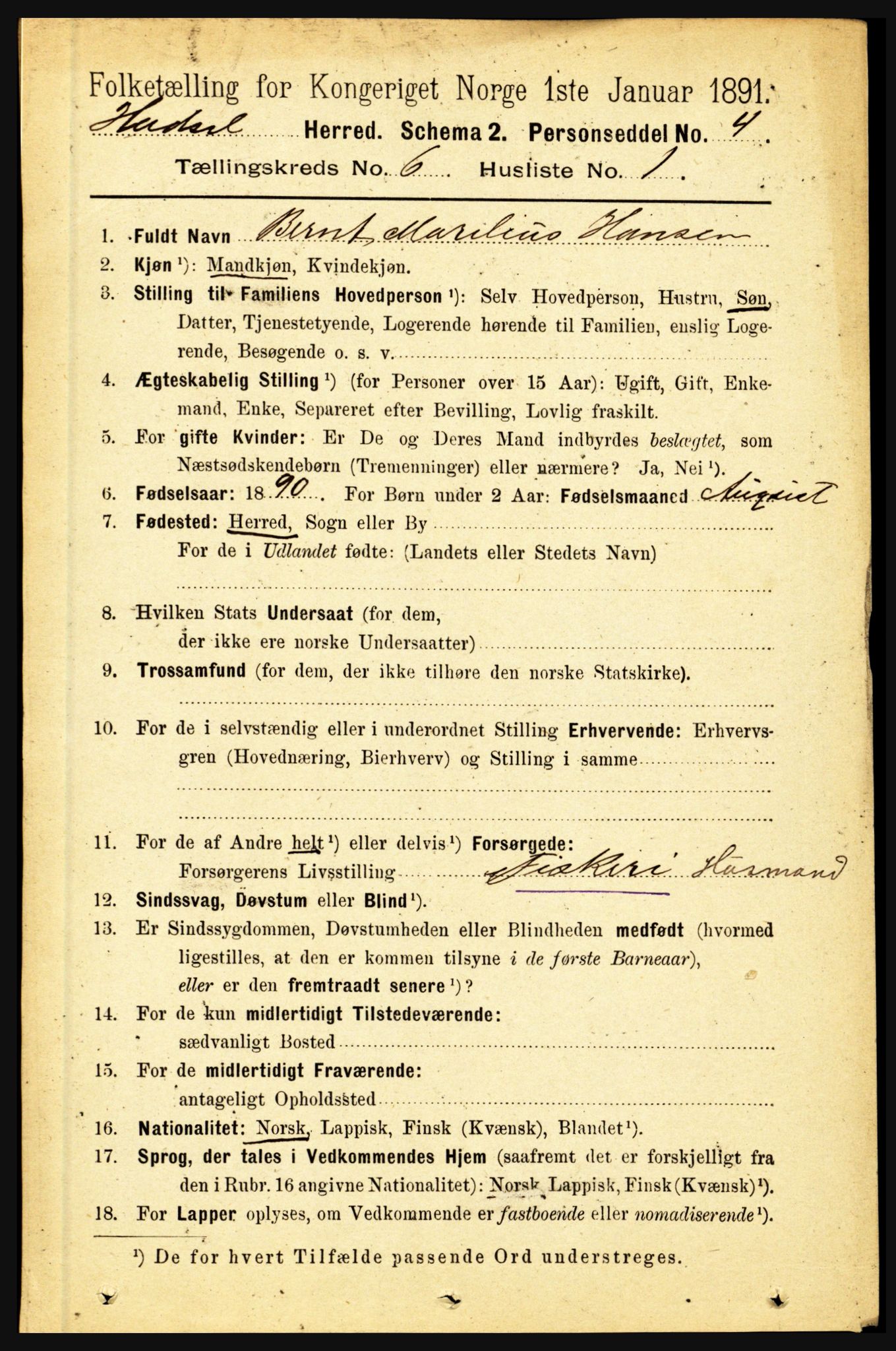 RA, 1891 census for 1866 Hadsel, 1891, p. 2642