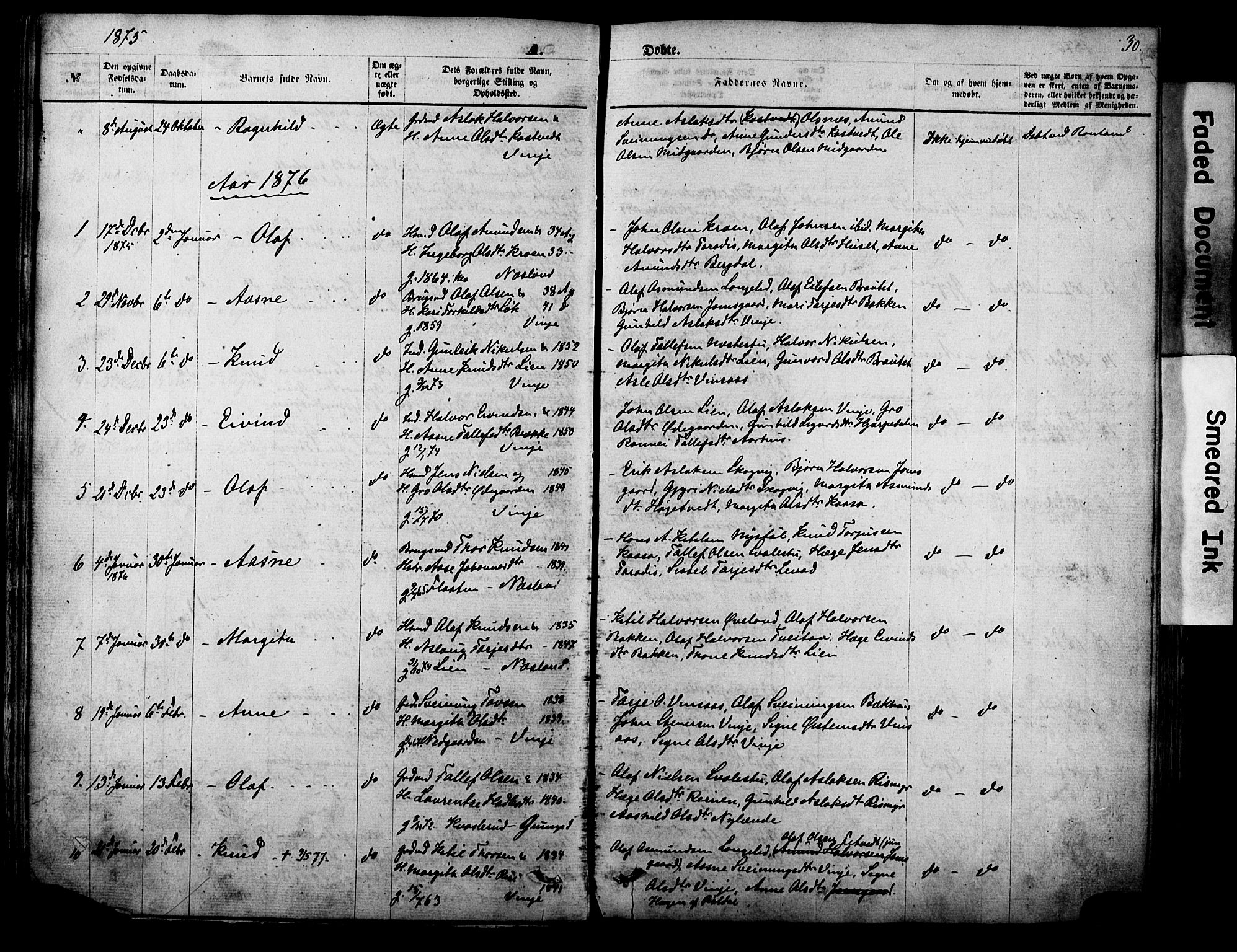 Vinje kirkebøker, AV/SAKO-A-312/F/Fa/L0005: Parish register (official) no. I 5, 1870-1886, p. 30