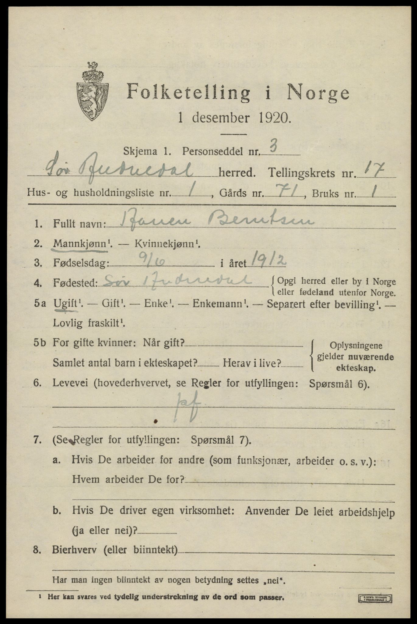 SAK, 1920 census for Sør-Audnedal, 1920, p. 6313