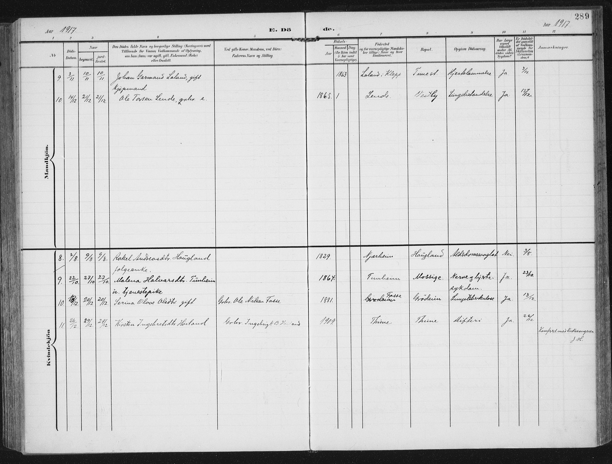 Lye sokneprestkontor, AV/SAST-A-101794/002/A/L0001: Parish register (official) no. A 12, 1904-1920, p. 289