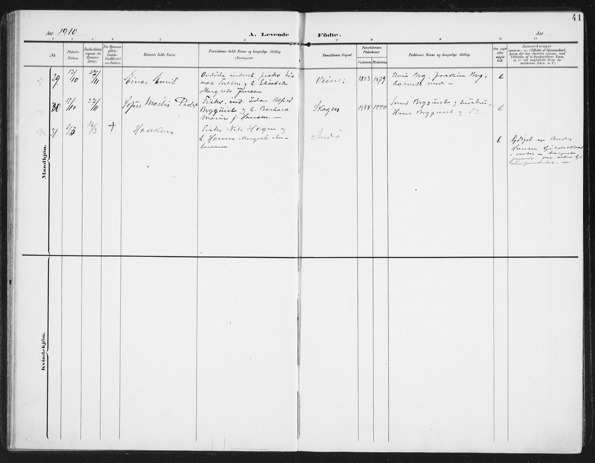Ministerialprotokoller, klokkerbøker og fødselsregistre - Nordland, SAT/A-1459/886/L1221: Parish register (official) no. 886A03, 1903-1913, p. 41
