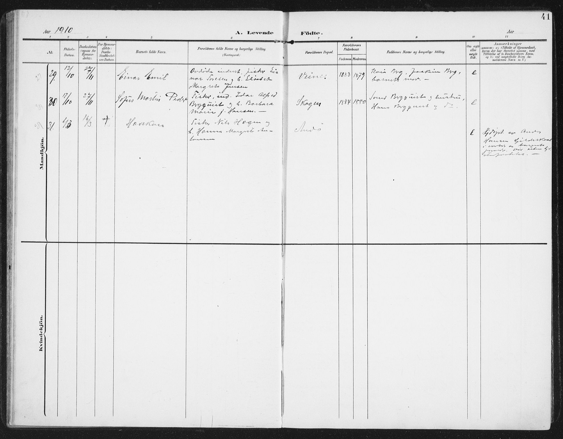 Ministerialprotokoller, klokkerbøker og fødselsregistre - Nordland, AV/SAT-A-1459/886/L1221: Parish register (official) no. 886A03, 1903-1913, p. 41