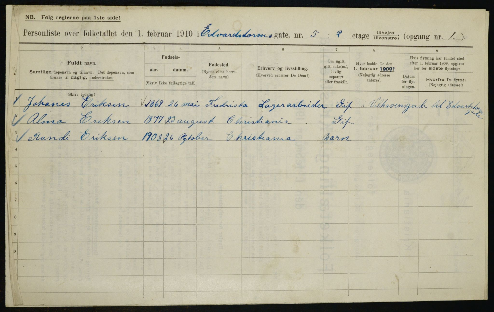 OBA, Municipal Census 1910 for Kristiania, 1910, p. 17785