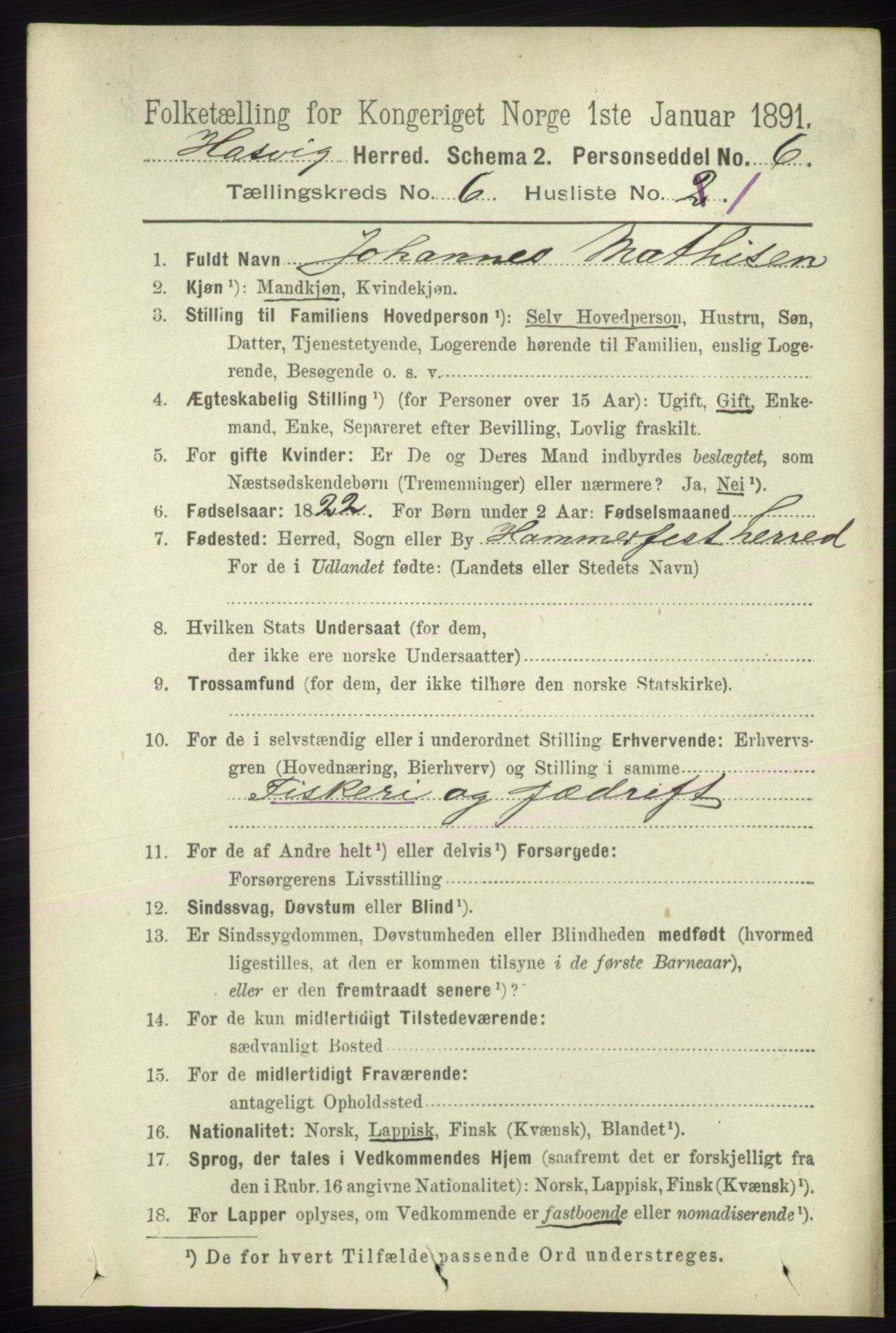 RA, 1891 census for 2015 Hasvik, 1891, p. 871