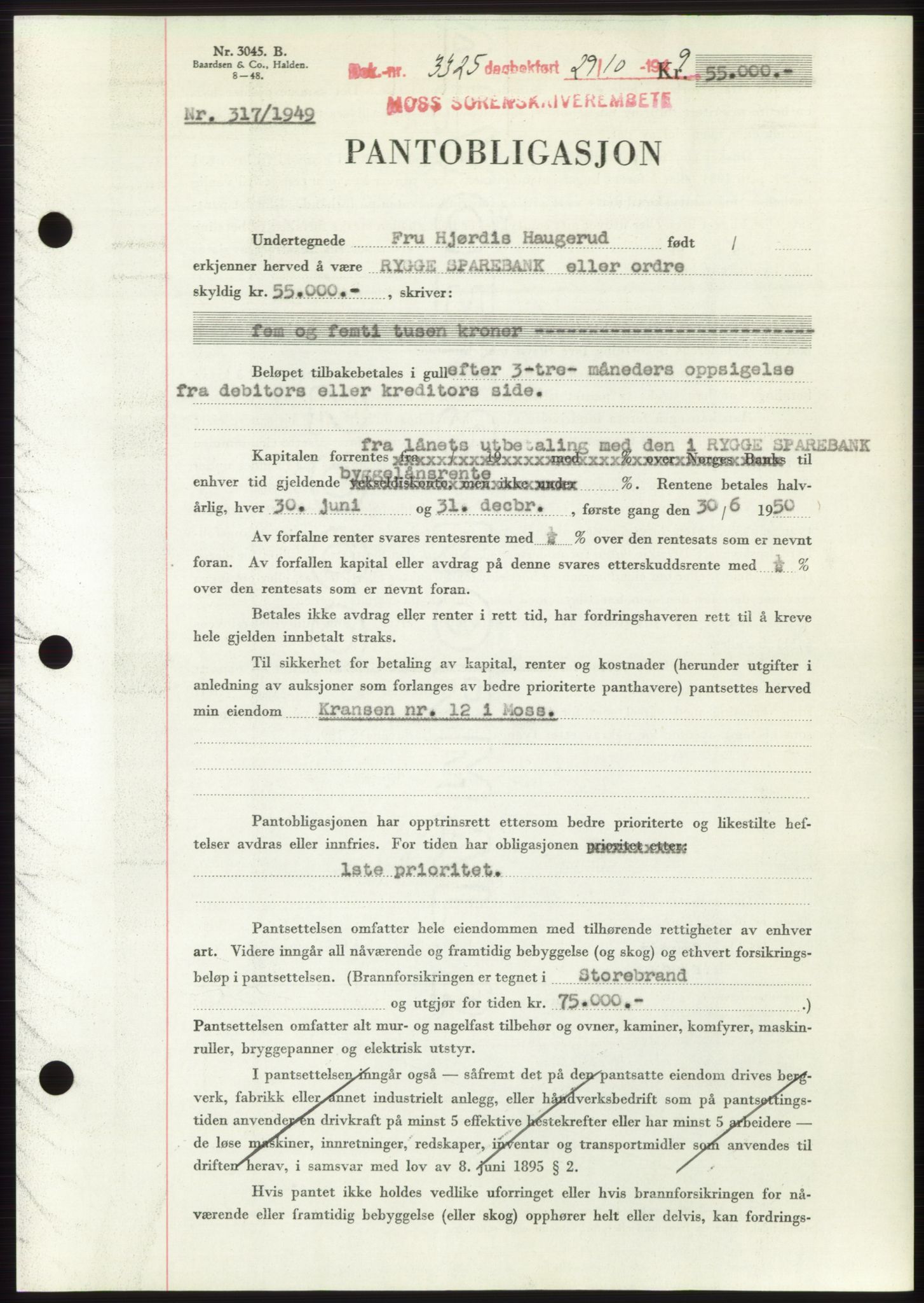 Moss sorenskriveri, SAO/A-10168: Mortgage book no. B23, 1949-1950, Diary no: : 3325/1949