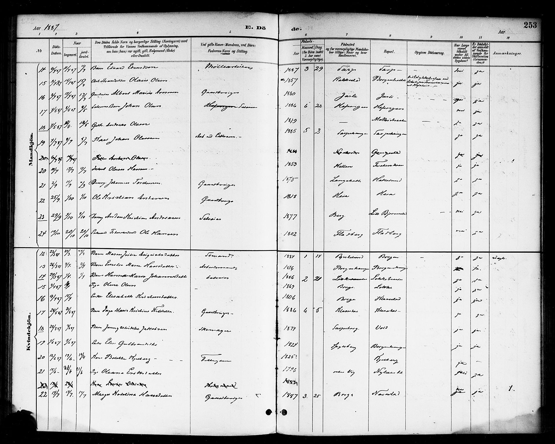 Skjeberg prestekontor Kirkebøker, AV/SAO-A-10923/F/Fa/L0009: Parish register (official) no. I 9, 1886-1897, p. 253