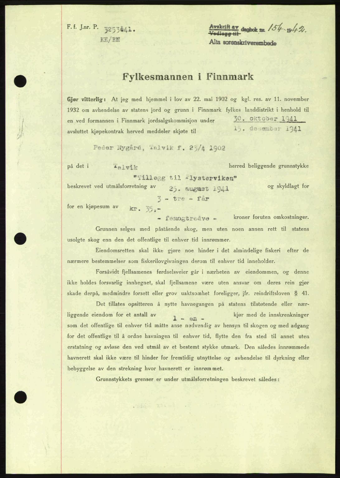 Alta fogderi/sorenskriveri, SATØ/SATØ-5/1/K/Kd/L0033pantebok: Mortgage book no. 33, 1940-1943, Diary no: : 154/1942