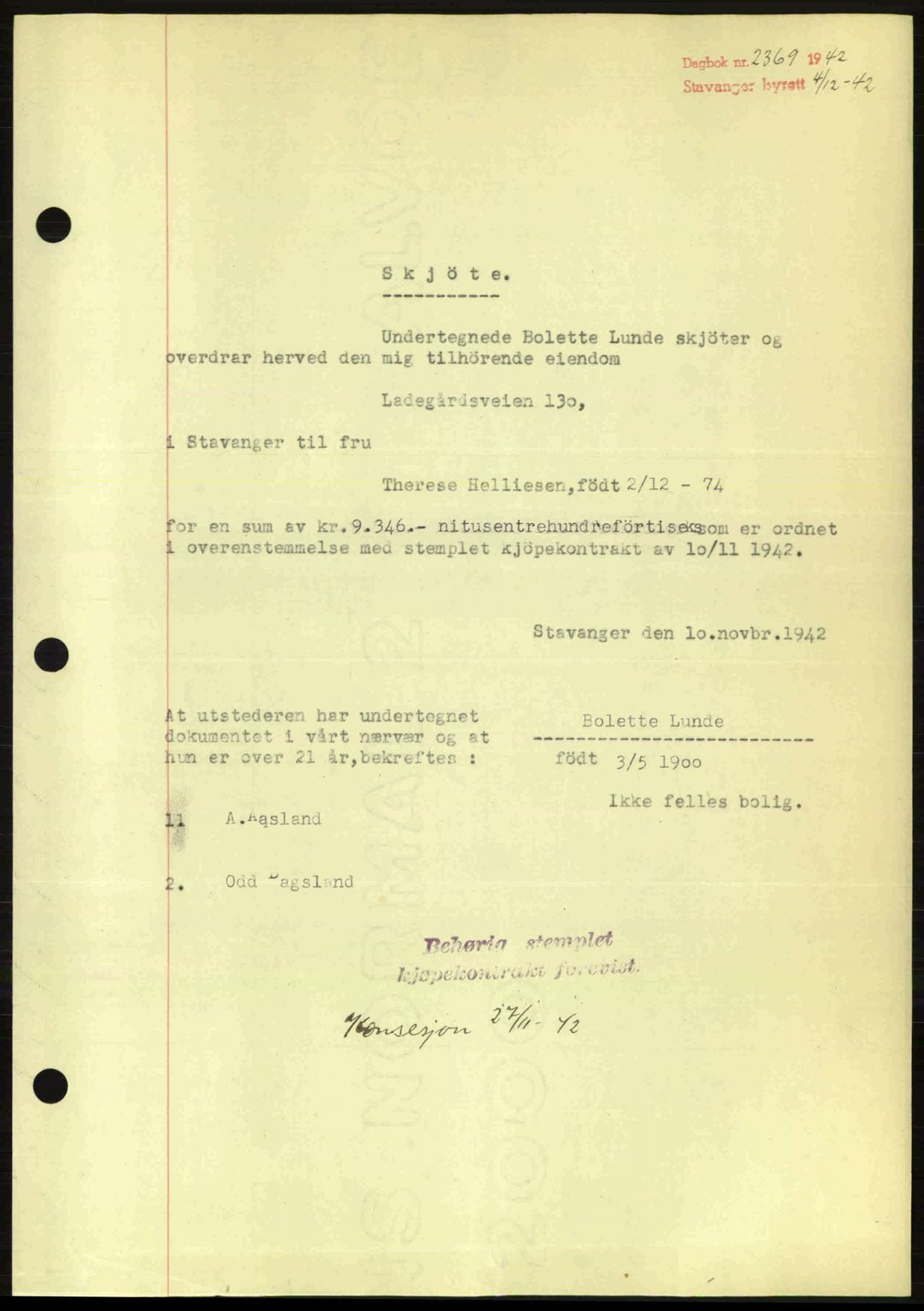 Stavanger byrett, SAST/A-100455/002/G/Gb/L0017: Mortgage book no. A7, 1941-1943, Diary no: : 2369/1942